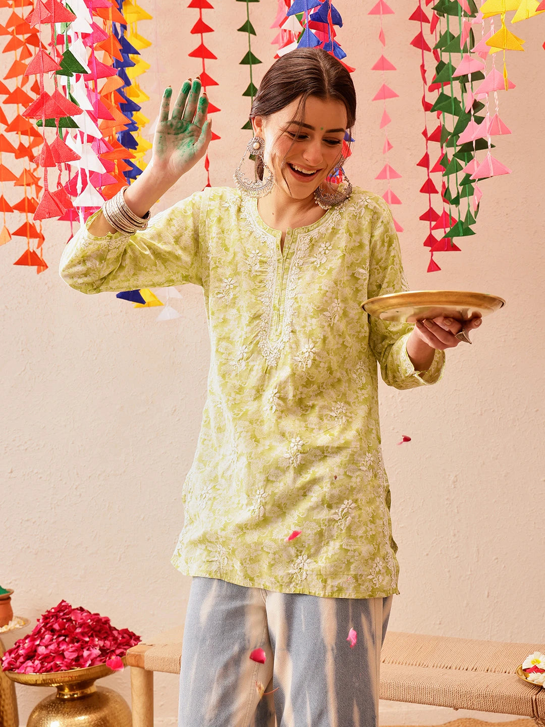 Ada Hand Embroidered Green Cotton Lucknowi Chikankari Short Kurti A911219