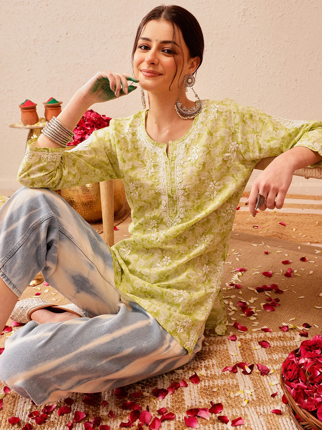 Ada Hand Embroidered Green Cotton Lucknowi Chikankari Short Kurti A911219