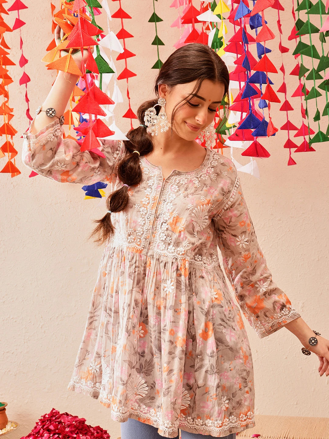 Ada Hand Embroidered Floral Printed Grey & Orange Cotton Lucknowi Chikankari Flared Kurti A911317