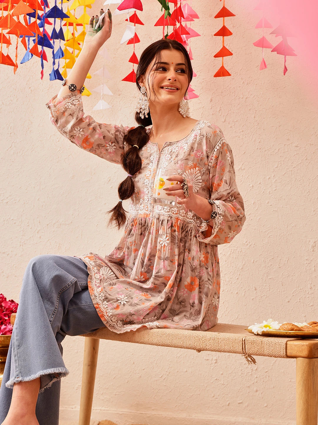 Ada Hand Embroidered Floral Printed Grey & Orange Cotton Lucknowi Chikankari Flared Kurti A911317