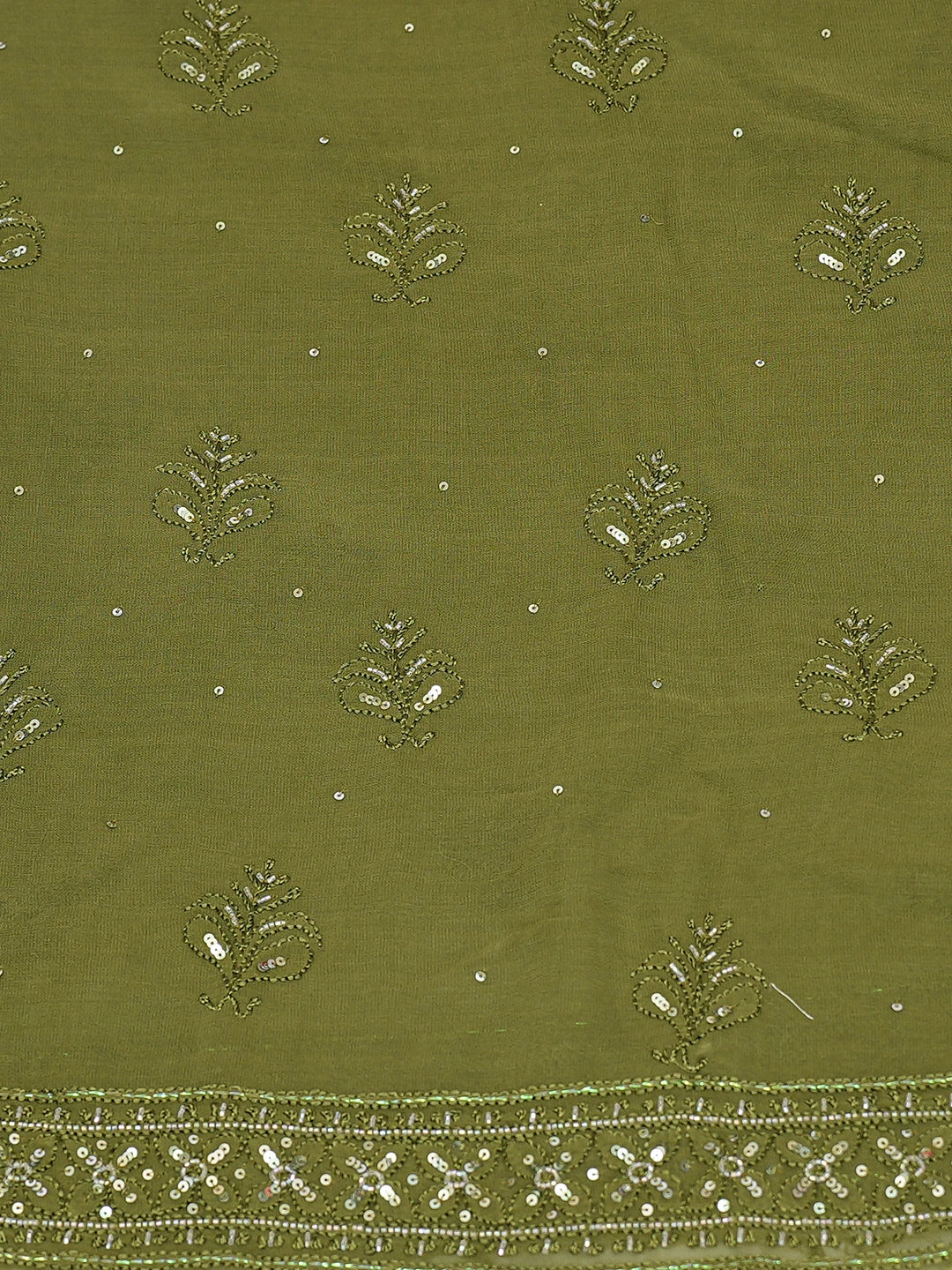 Ada Hand Embroidered Mehandi Green Viscose Georgette Lucknowi Chikankari Unstitched Kurta Duptta Set With Cutdana Work 01A594263
