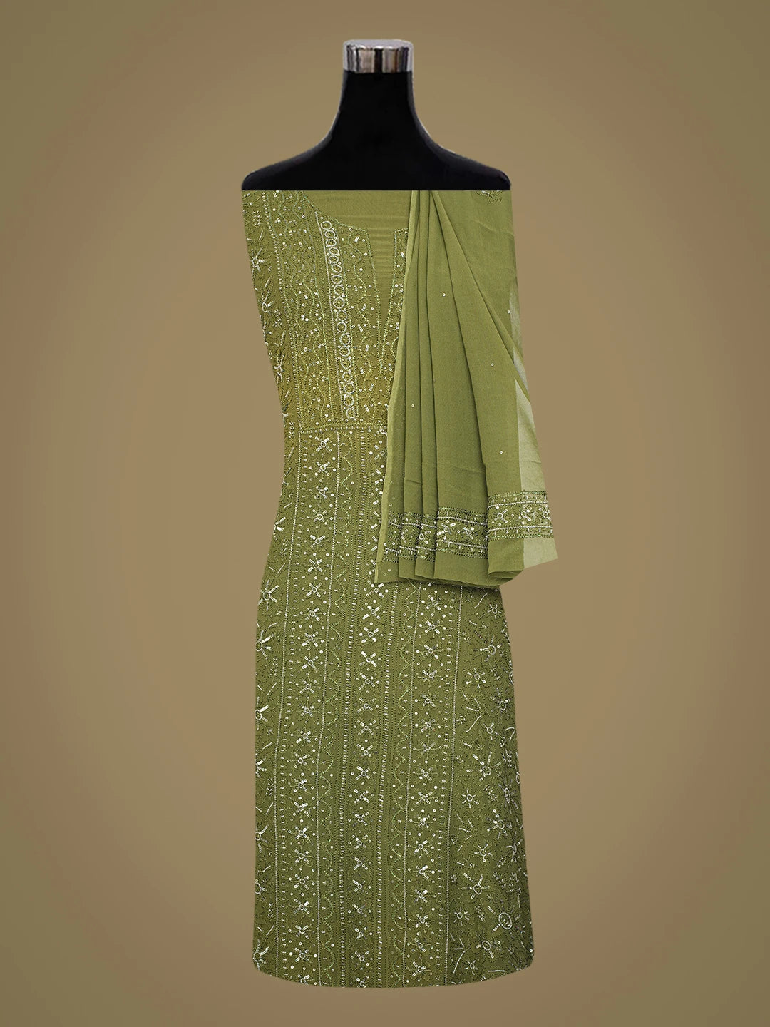 Ada Hand Embroidered Mehandi Green Viscose Georgette Lucknowi Chikankari Unstitched Kurta Duptta Set With Cutdana Work 01A594263