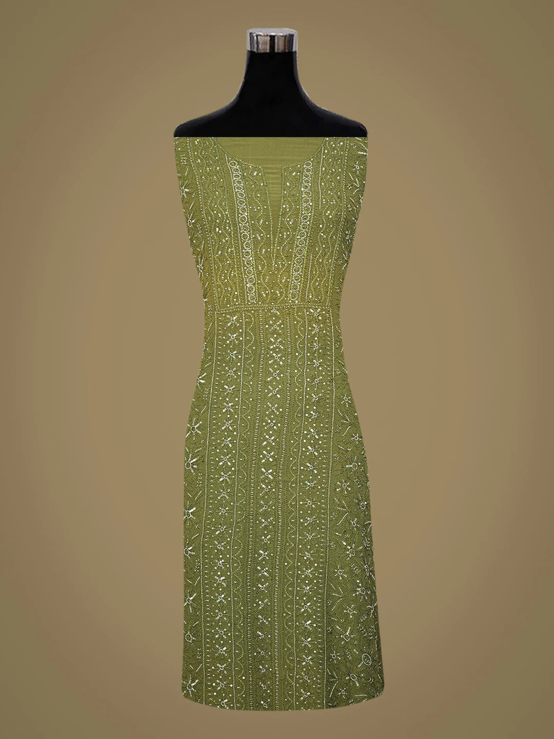 Ada Hand Embroidered Mehandi Green Viscose Georgette Lucknowi Chikankari Unstitched Kurta Duptta Set With Cutdana Work 01A594263