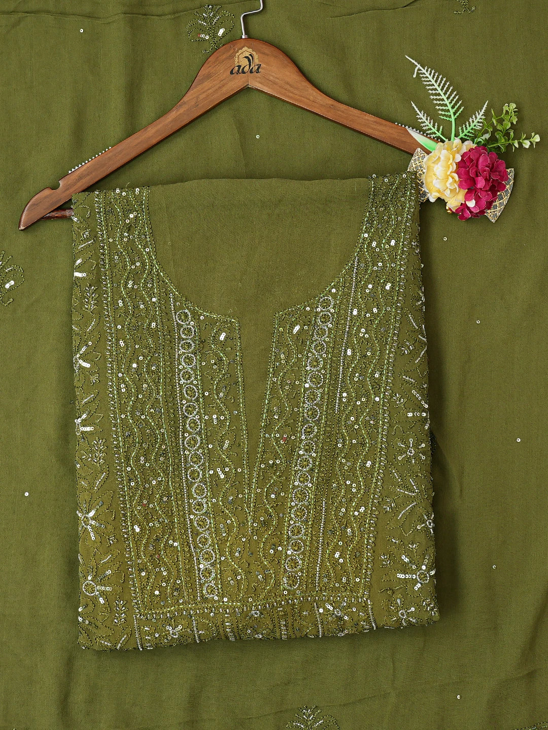Ada Hand Embroidered Mehandi Green Viscose Georgette Lucknowi Chikankari Unstitched Kurta Duptta Set With Cutdana Work 01A594263