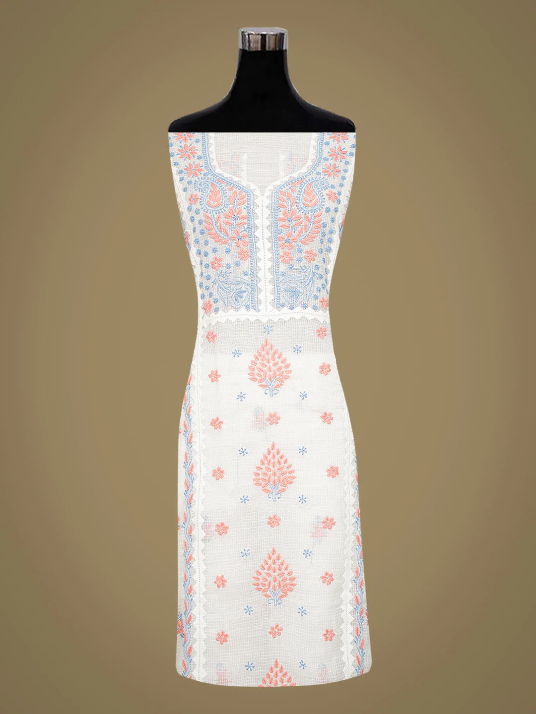 Ada Hand Embroidered White Kota Lucknowi Chikankari Unstitched Kurta Dupatta Set 01A754560