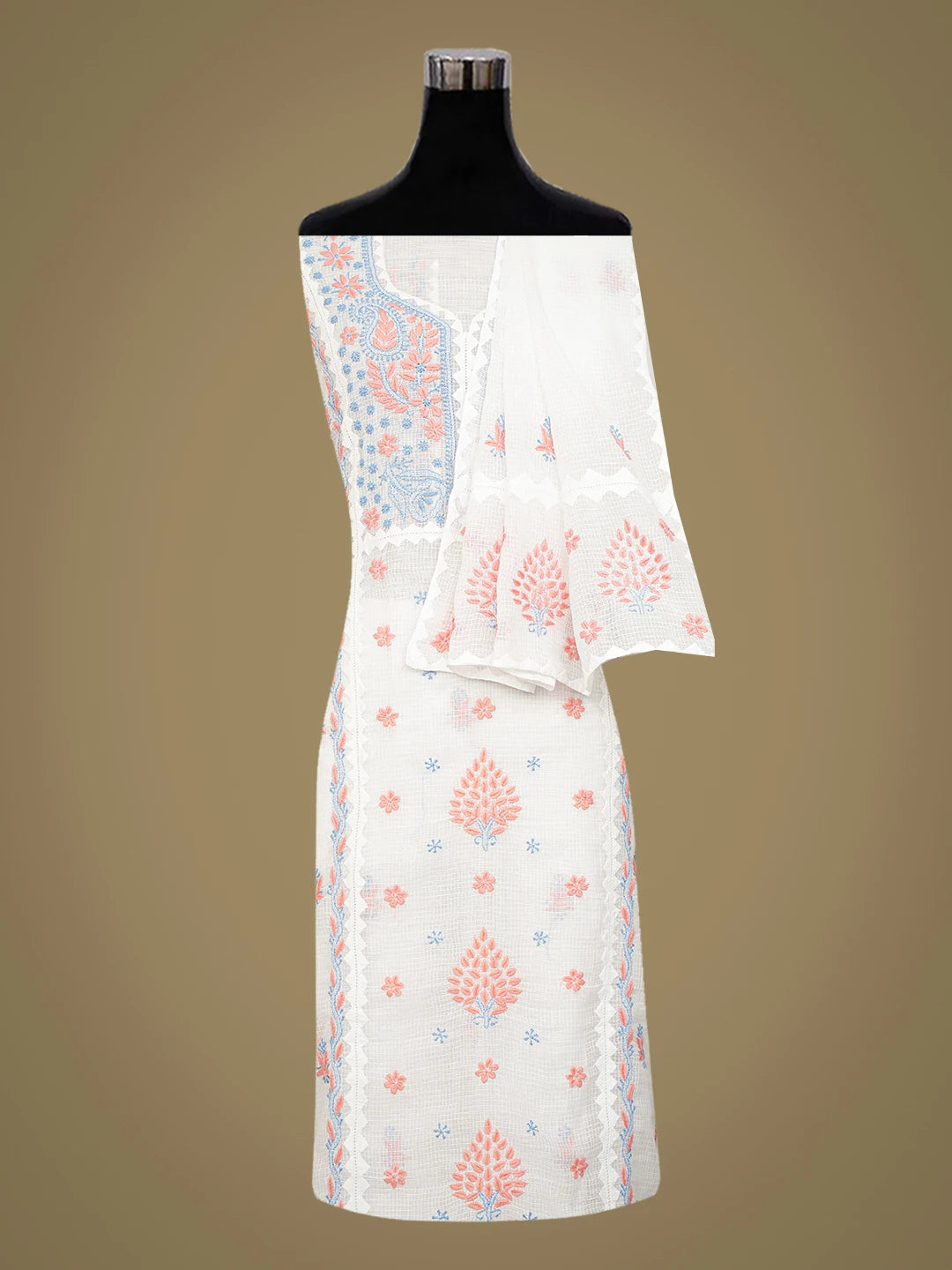 Ada Hand Embroidered White Kota Lucknowi Chikankari Unstitched Kurta Dupatta Set 01A754560