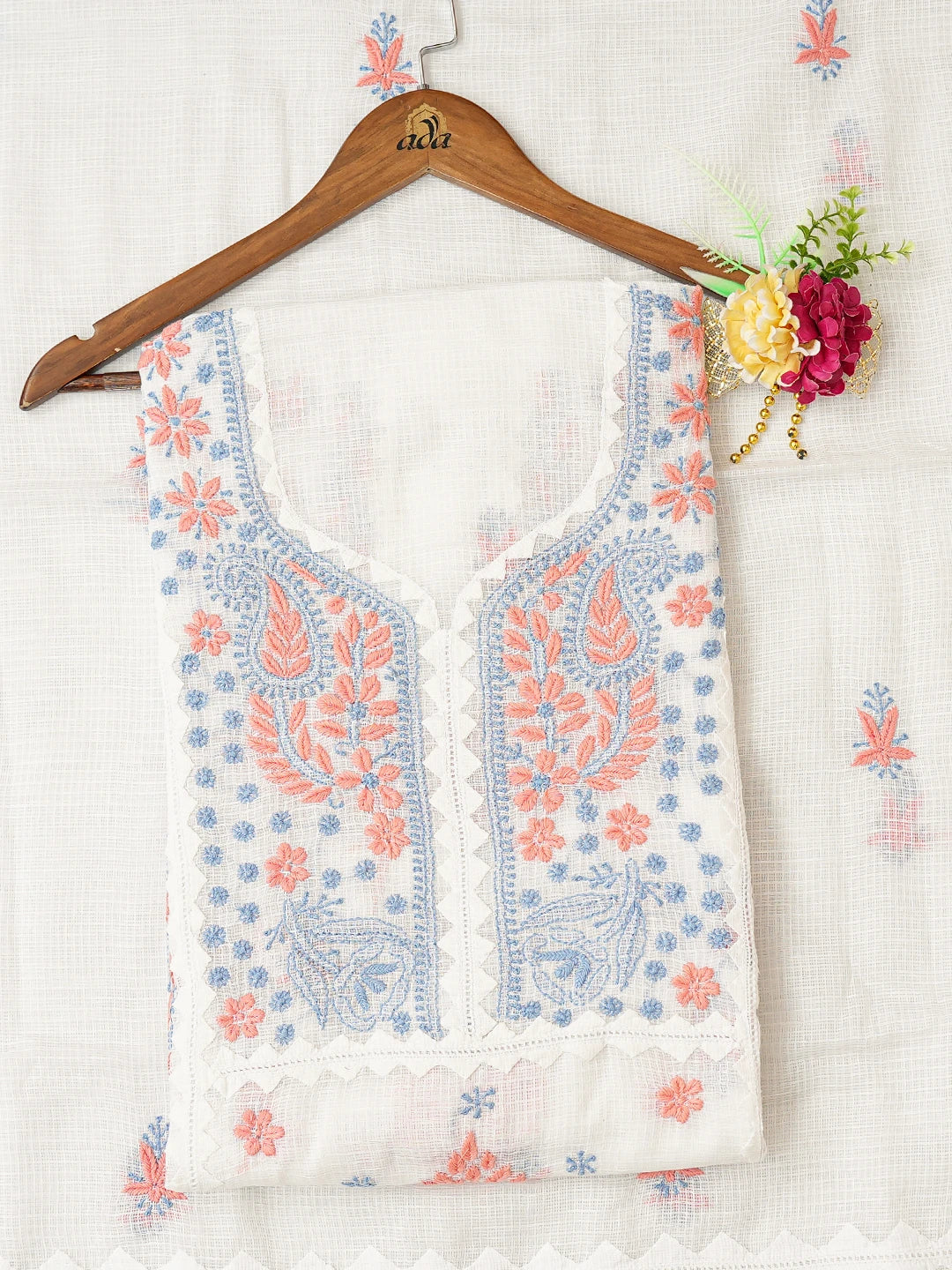 Ada Hand Embroidered White Kota Lucknowi Chikankari Unstitched Kurta Dupatta Set 01A754560