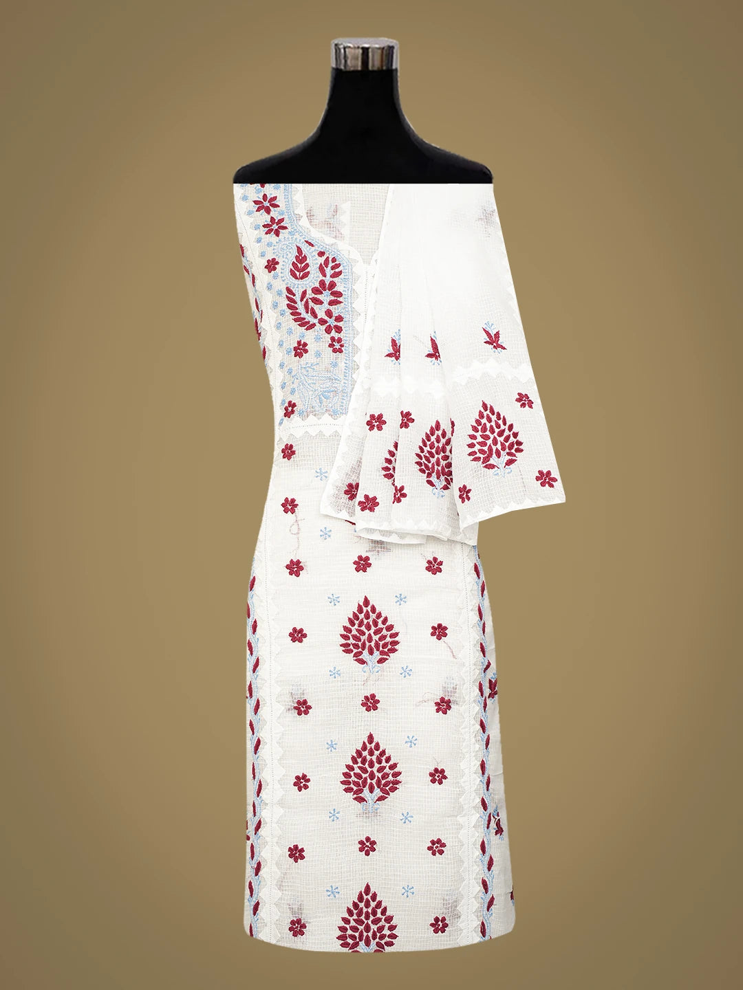Ada Hand Embroidered White Kota Lucknowi Chikankari Unstitched Kurta Dupatta Set 01A754546