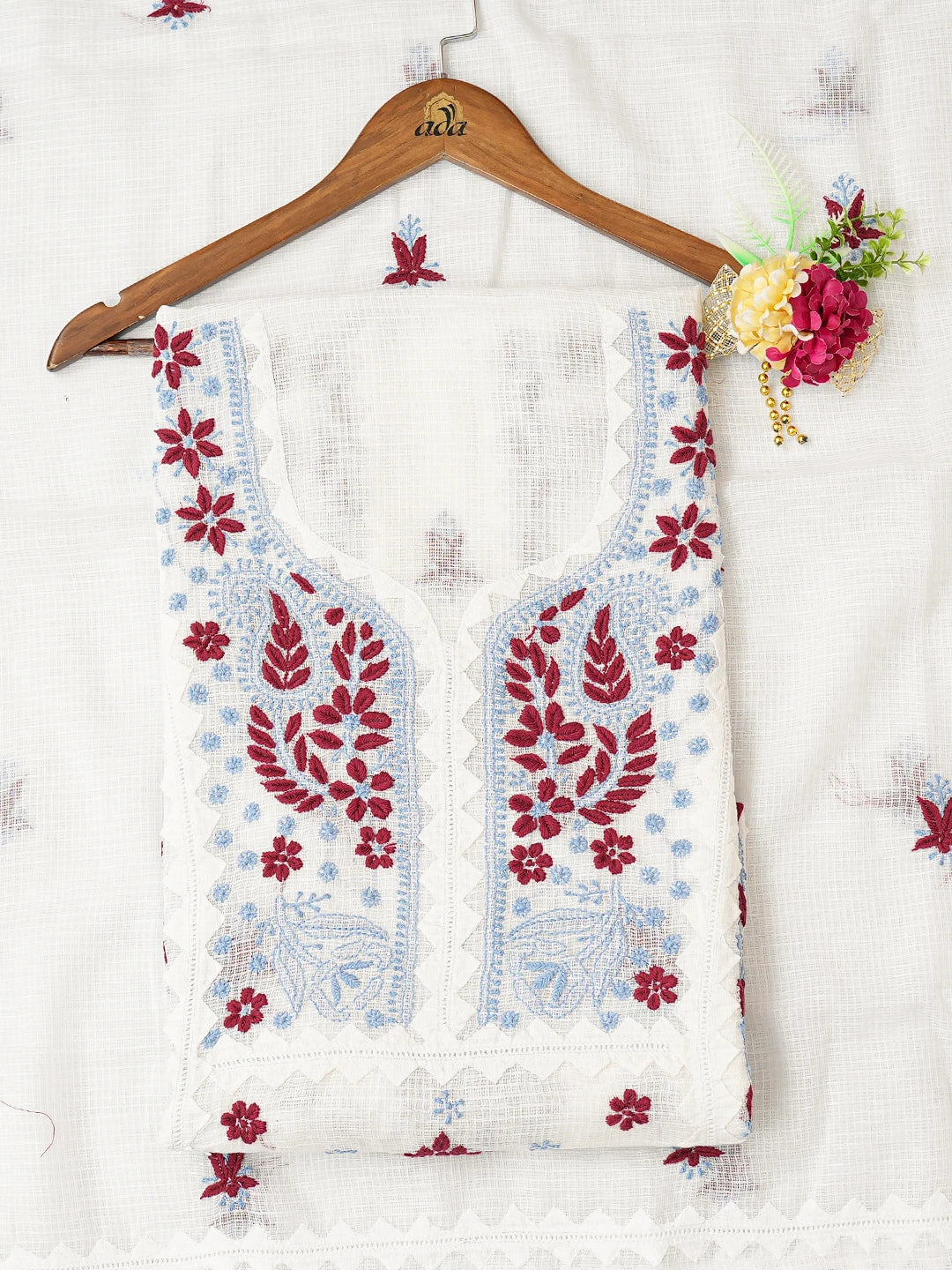 Ada Hand Embroidered White Kota Lucknowi Chikankari Unstitched Kurta Dupatta Set 01A754546