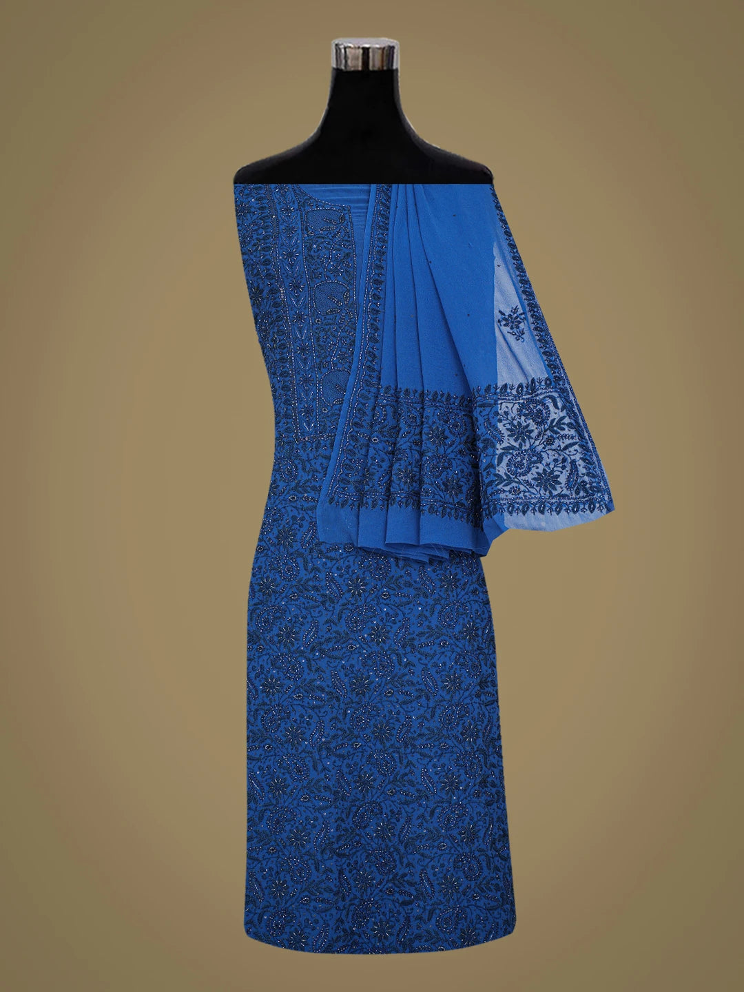 Ada Hand Embroidered Royal Blue Pure Georgette Lucknowi Chikankari Unstitched Kurta Dupatta Set With Cutdana Work 01A682609