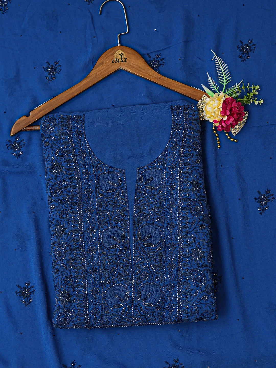 Ada Hand Embroidered Royal Blue Pure Georgette Lucknowi Chikankari Unstitched Kurta Dupatta Set With Cutdana Work 01A682609
