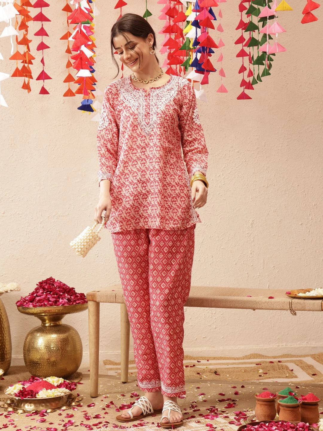 Ada Hand Embroidered Red Muslin Lucknowi Chikankari Co-Ord Set A811267