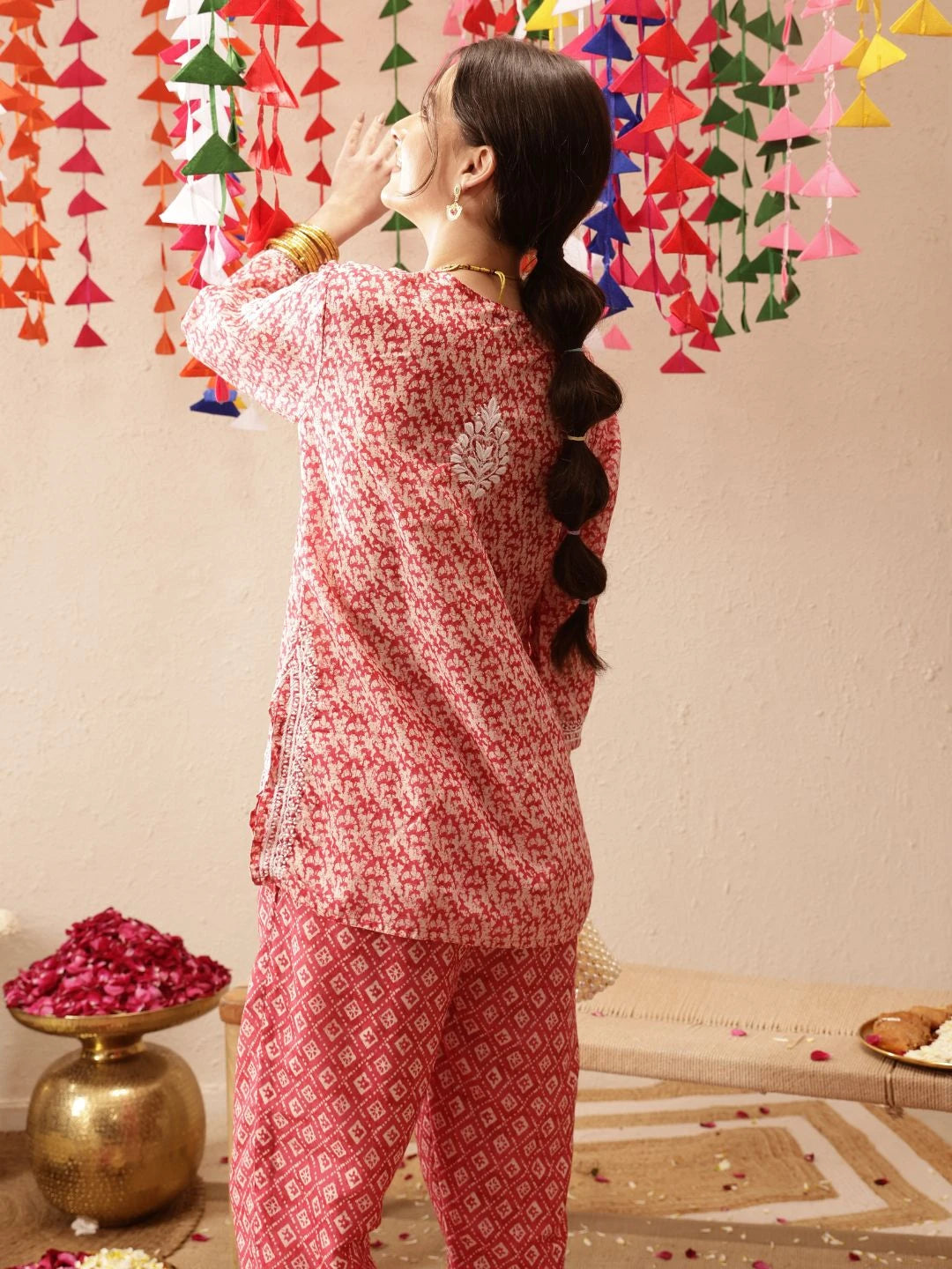 Ada Hand Embroidered Red Muslin Lucknowi Chikankari Co-Ord Set A811267