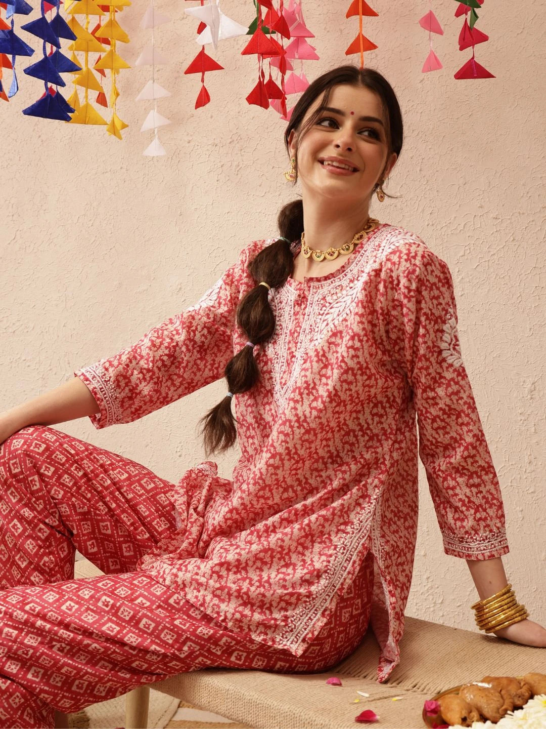 Ada Hand Embroidered Red Muslin Lucknowi Chikankari Co-Ord Set A811267