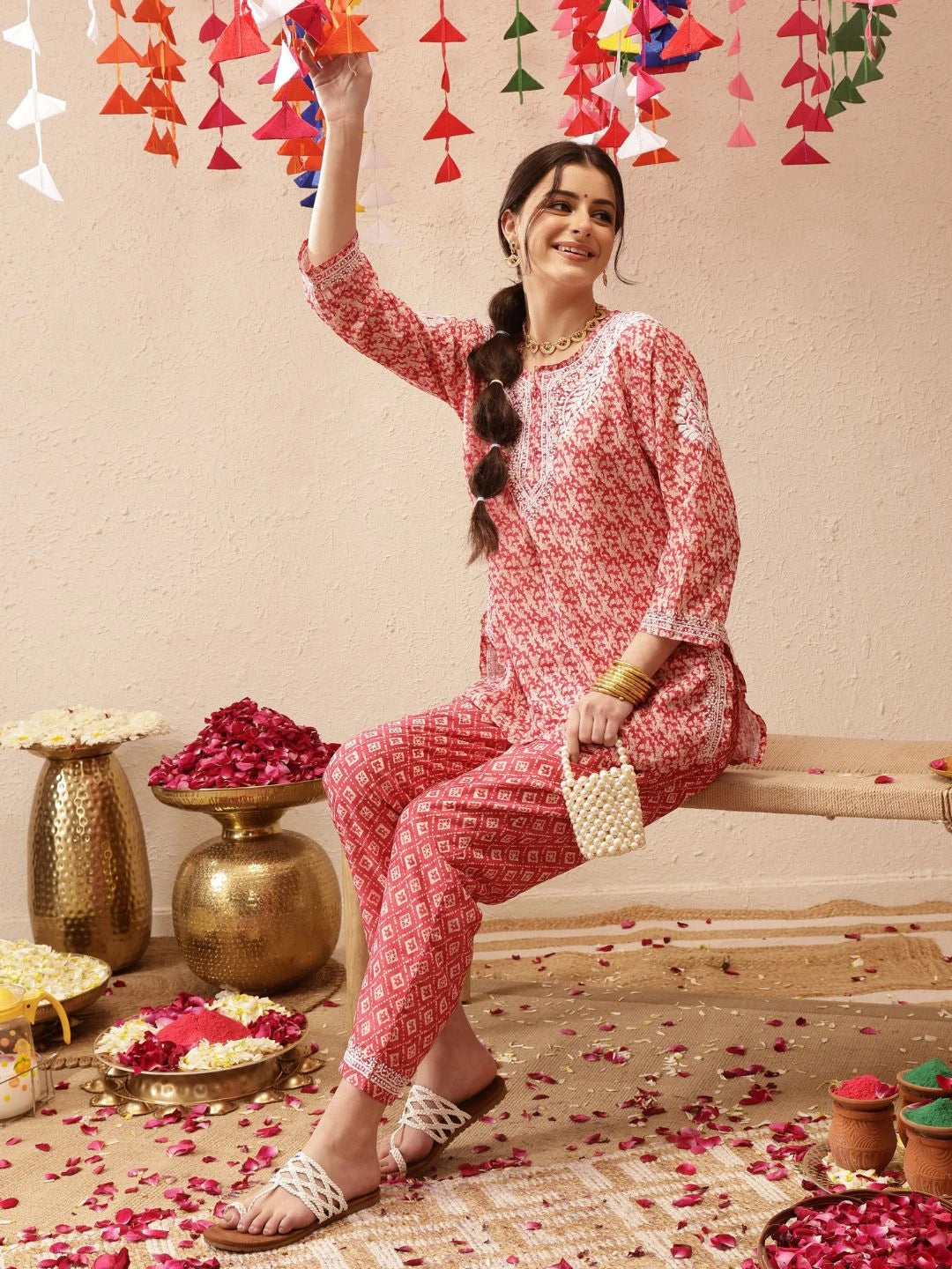 Ada Hand Embroidered Red Muslin Lucknowi Chikankari Co-Ord Set A811267