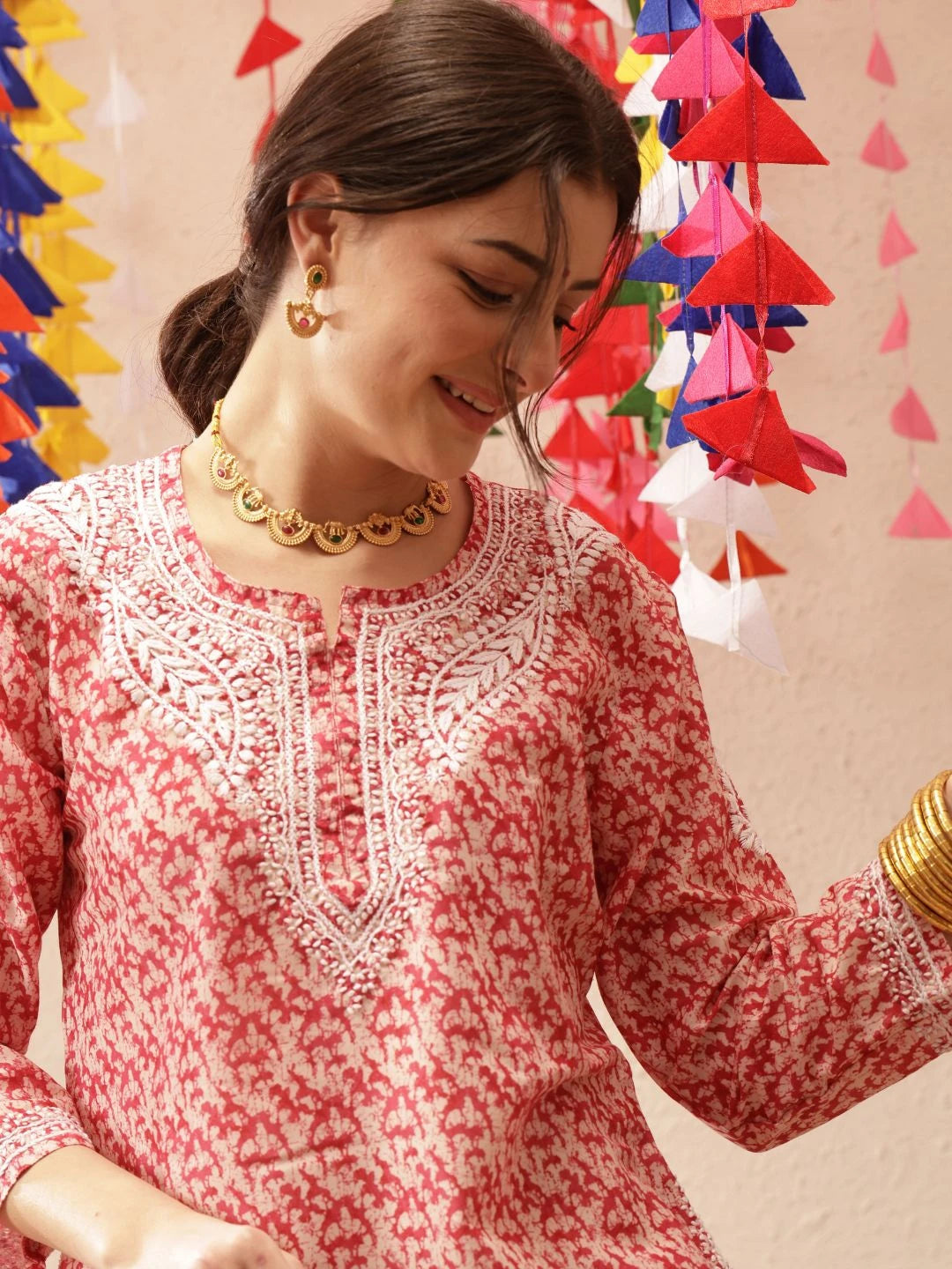 Ada Hand Embroidered Red Muslin Lucknowi Chikankari Co-Ord Set A811267