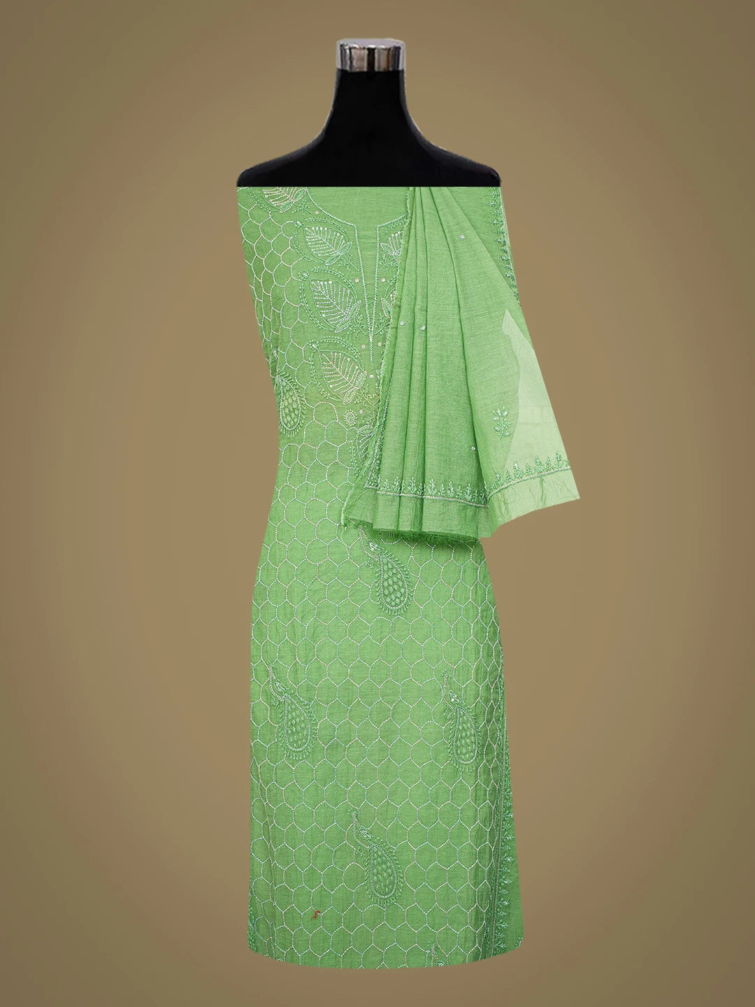 Ada Hand Embroidered Pigment Green Chanderi Lucknowi Chikankari Semi-stitched Kurta Dupatta Set With Cutdana Work 01A631628