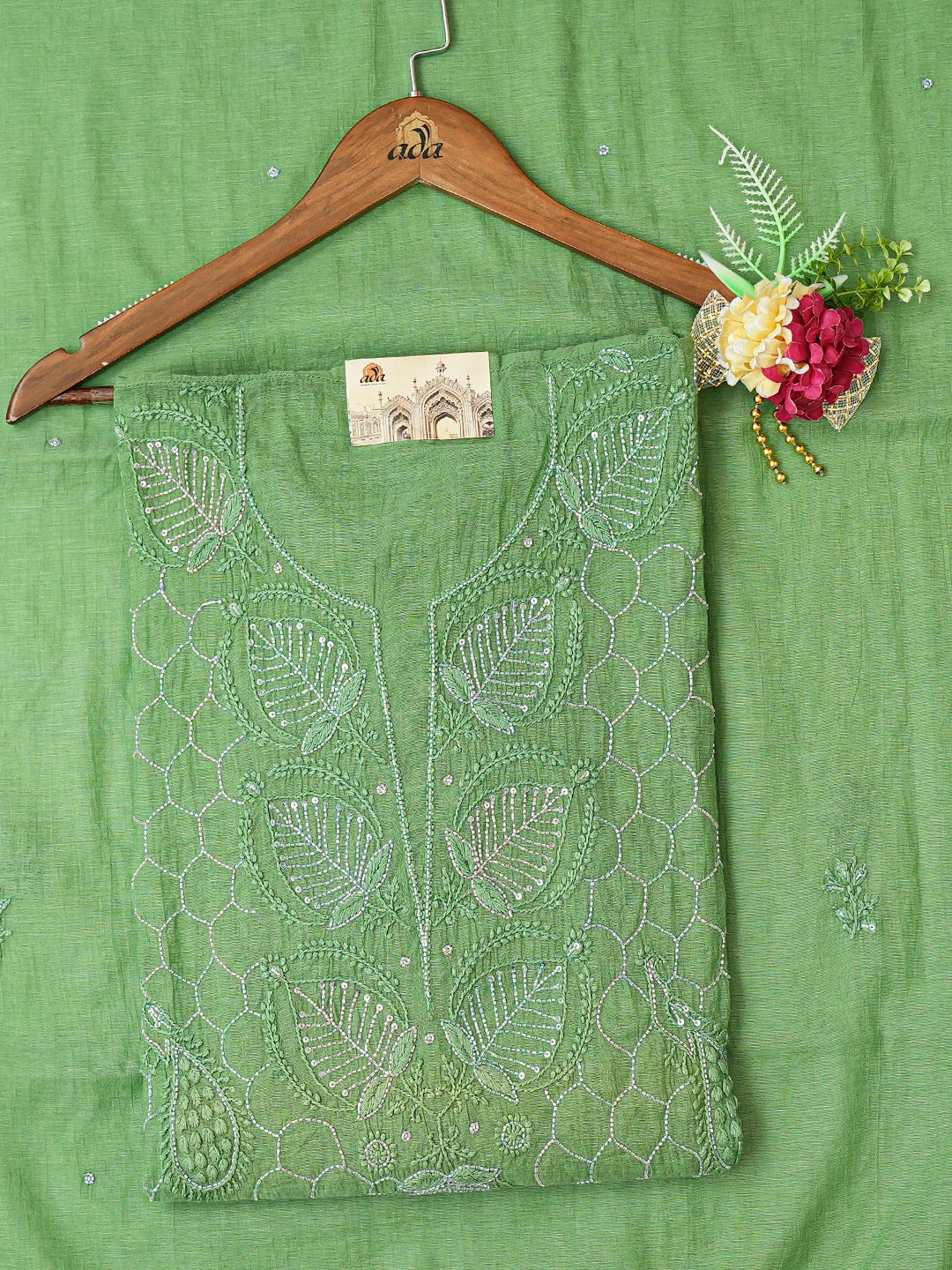 Ada Hand Embroidered Pigment Green Chanderi Lucknowi Chikankari Semi-stitched Kurta Dupatta Set With Cutdana Work 01A631628
