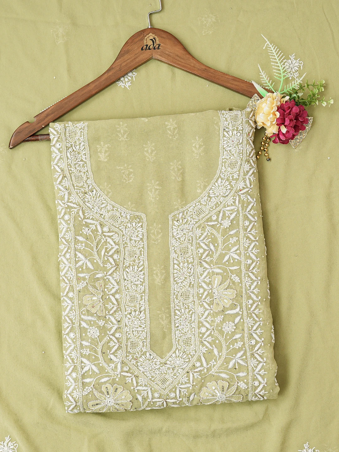 Ada Hand Embroidered Olive Green Pure Georgette Lucknowi Chikankari Unstitched Kurta Dupatta Set With Cutdana Work 01A687513