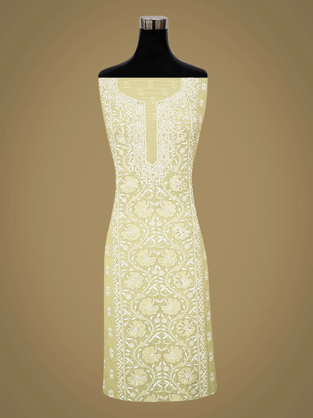 Ada Hand Embroidered Olive Green Pure Georgette Lucknowi Chikankari Unstitched Kurta Dupatta Set With Cutdana Work 01A687513