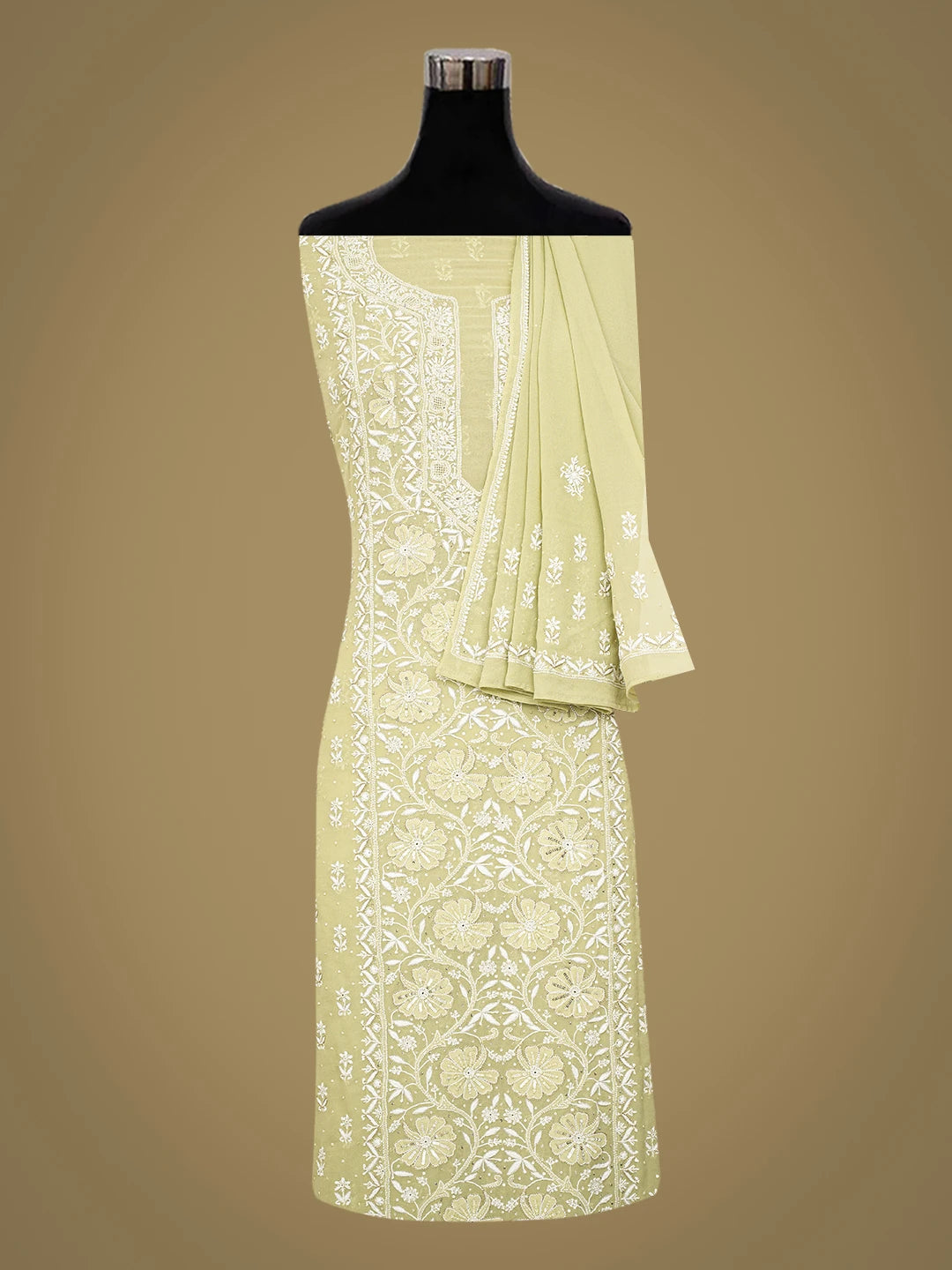Ada Hand Embroidered Olive Green Pure Georgette Lucknowi Chikankari Unstitched Kurta Dupatta Set With Cutdana Work 01A687513