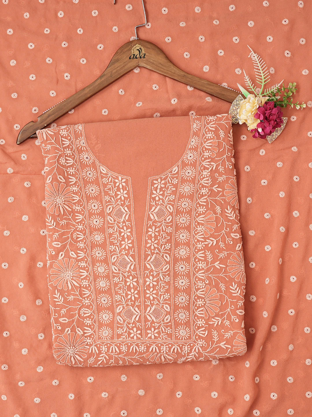 Ada Hand Embroidered Dusty Peach Pure Georgette Lucknowi Chikankari Unstitched Kurta Dupatta Set 01A556871