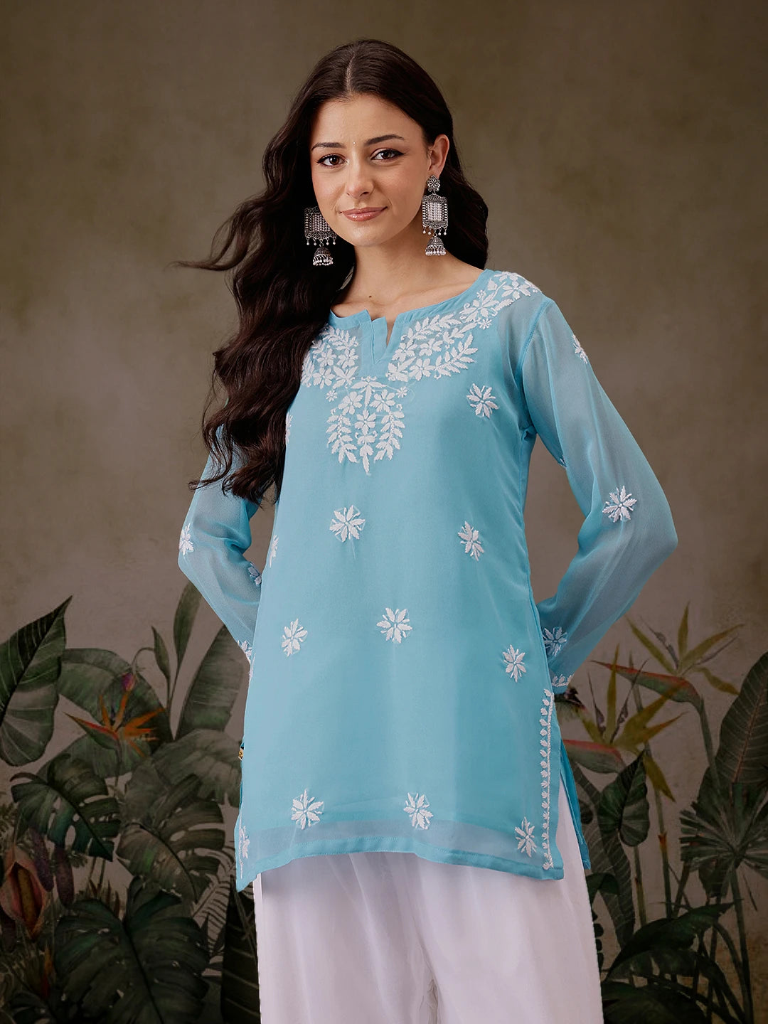 Ada Hand Embroidered Blue Georgette Lucknowi Chikankari Straight Kurti with slip A911299