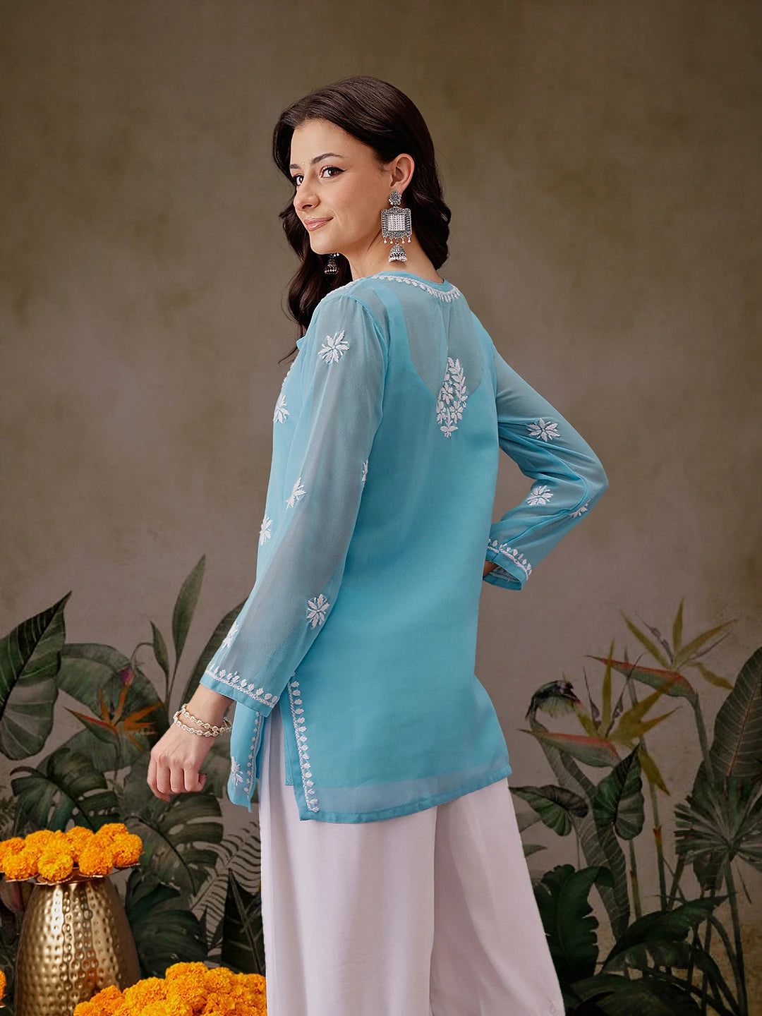 Ada Hand Embroidered Blue Georgette Lucknowi Chikankari Straight Kurti with slip A911299