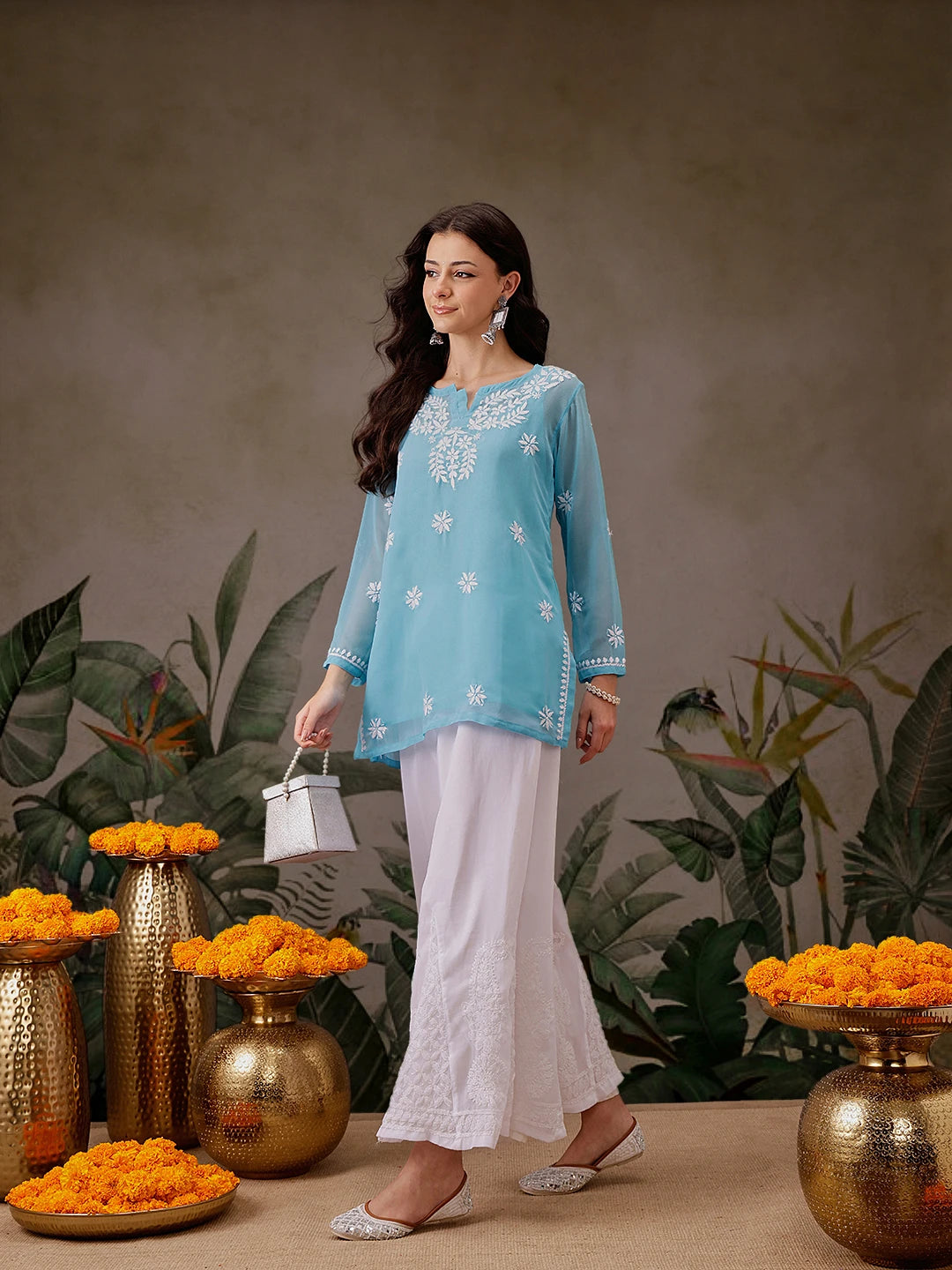Ada Hand Embroidered Blue Georgette Lucknowi Chikankari Straight Kurti with slip A911299