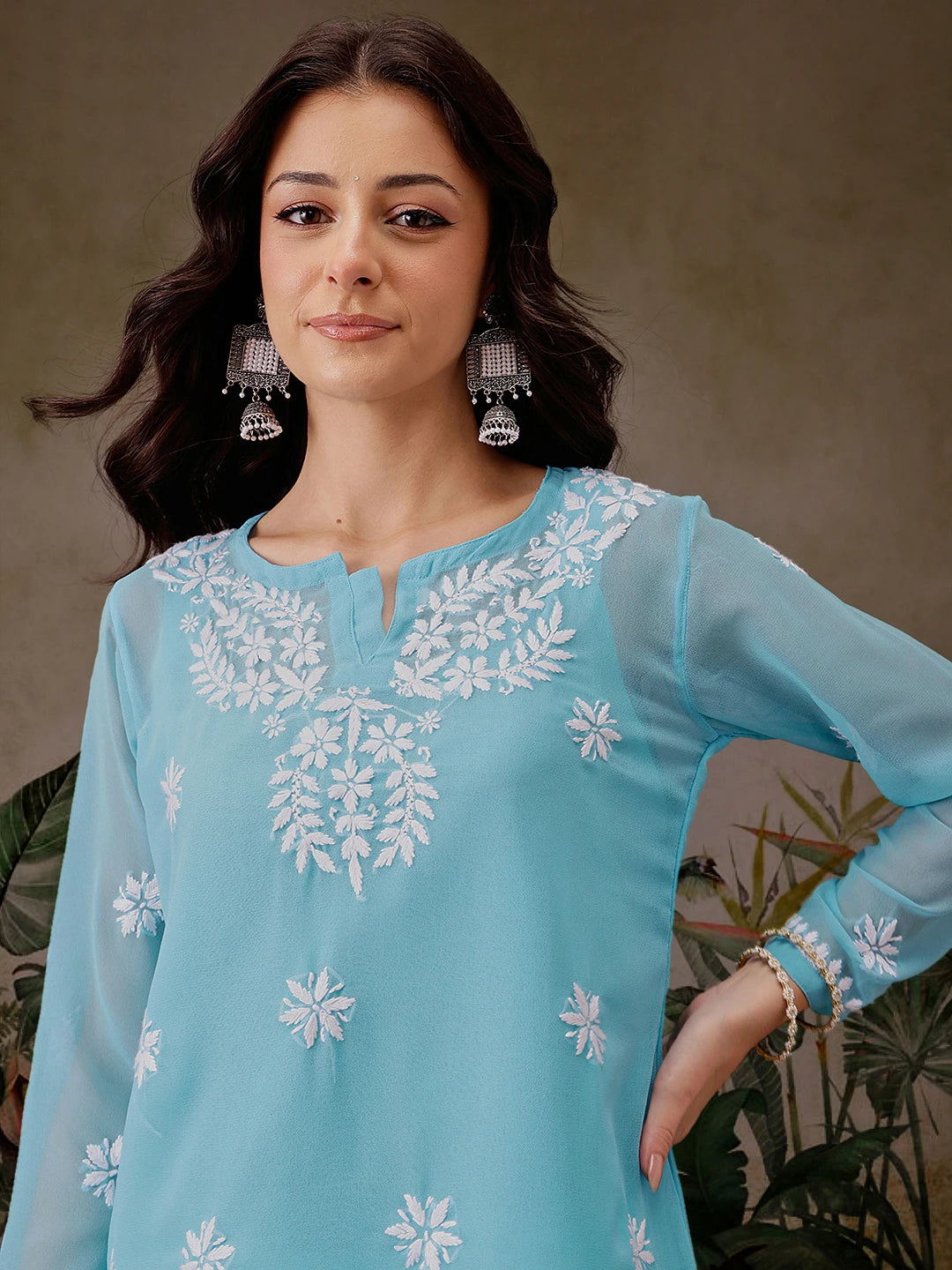 Ada Hand Embroidered Blue Georgette Lucknowi Chikankari Straight Kurti with slip A911299
