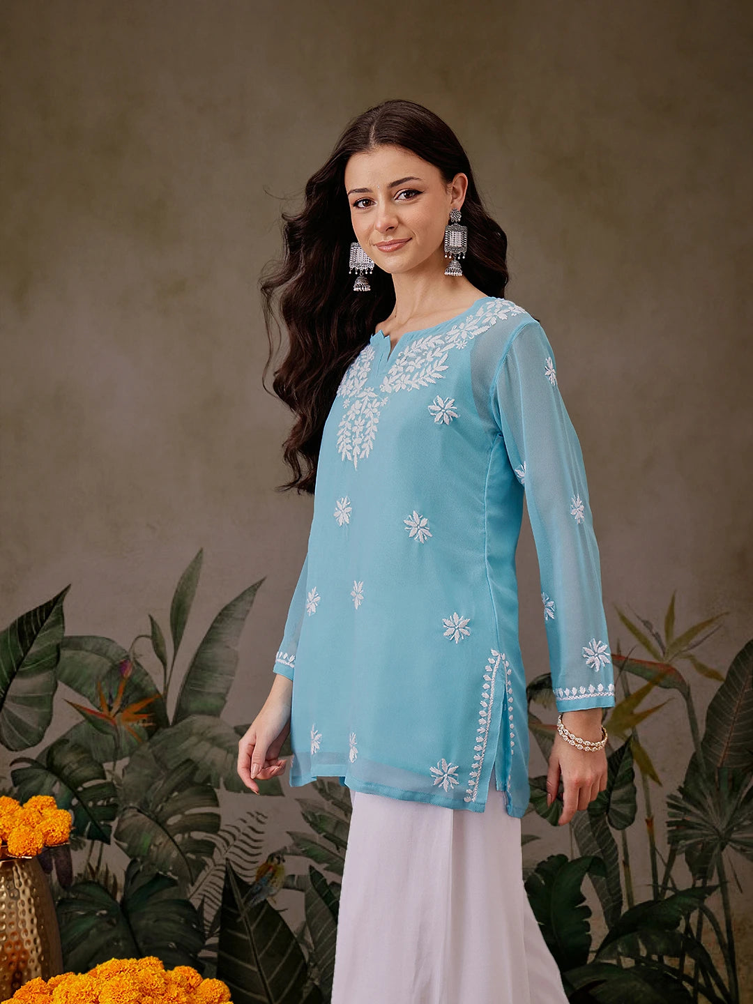 Ada Hand Embroidered Blue Georgette Lucknowi Chikankari Straight Kurti with slip A911299