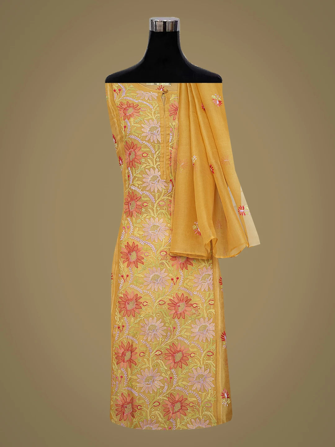 Ada Hand Embroidered Mustard Organza Lucknowi Chikankari Semi-stitched Kurta Dupatta Set With Zari Work 01A759803