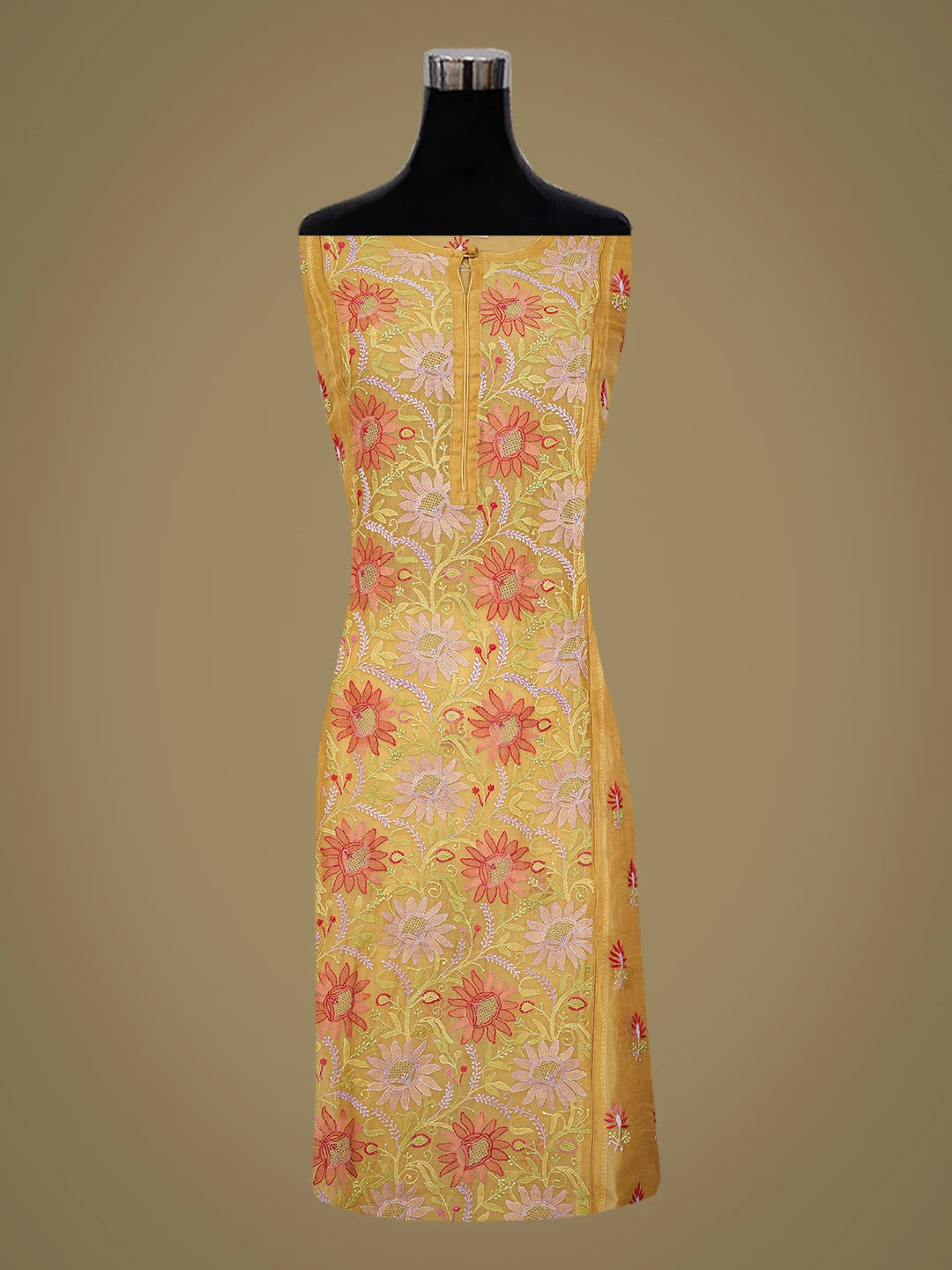 Ada Hand Embroidered Mustard Organza Lucknowi Chikankari Semi-stitched Kurta Dupatta Set With Zari Work 01A759803