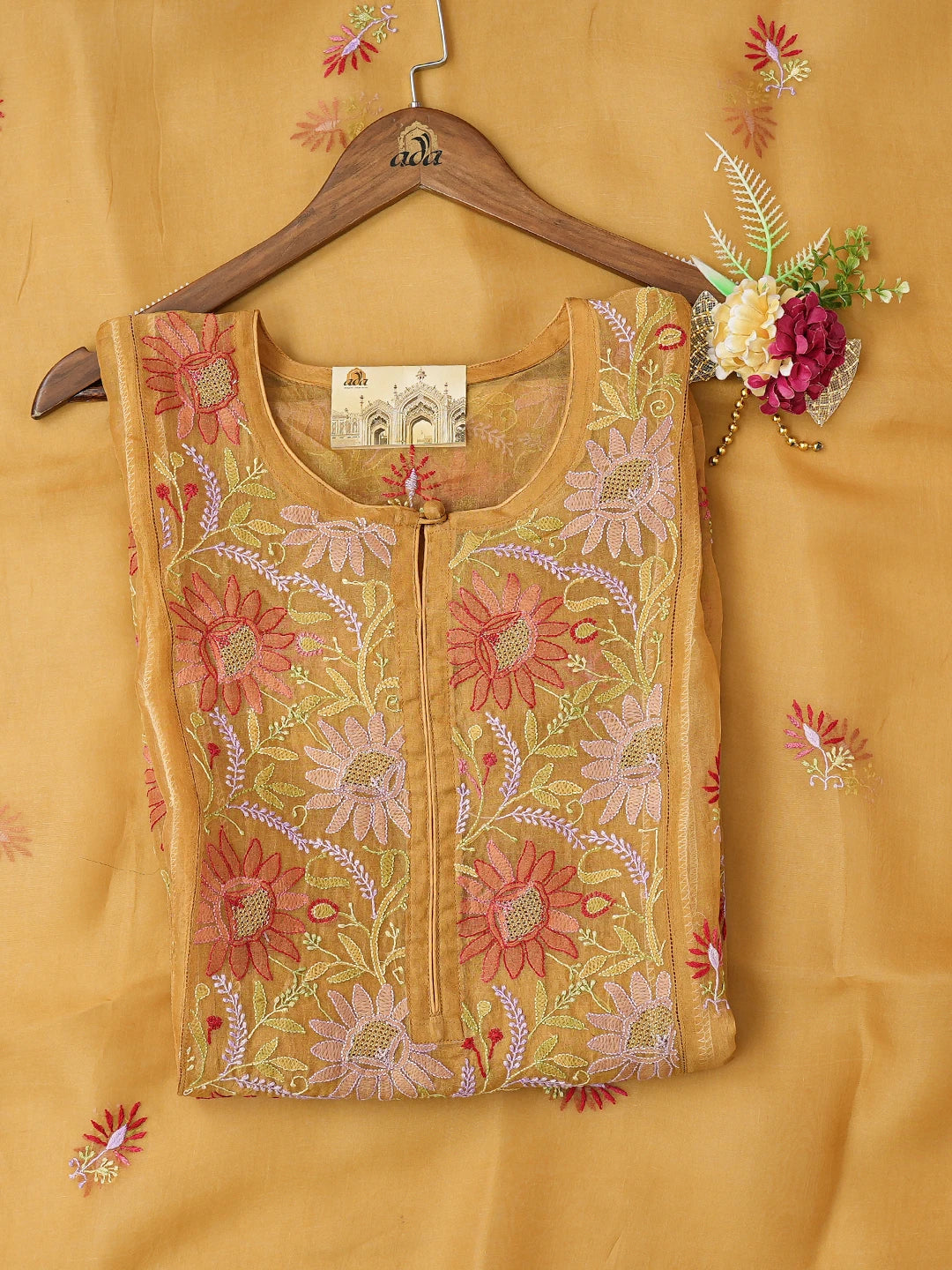 Ada Hand Embroidered Mustard Organza Lucknowi Chikankari Semi-stitched Kurta Dupatta Set With Zari Work 01A759803