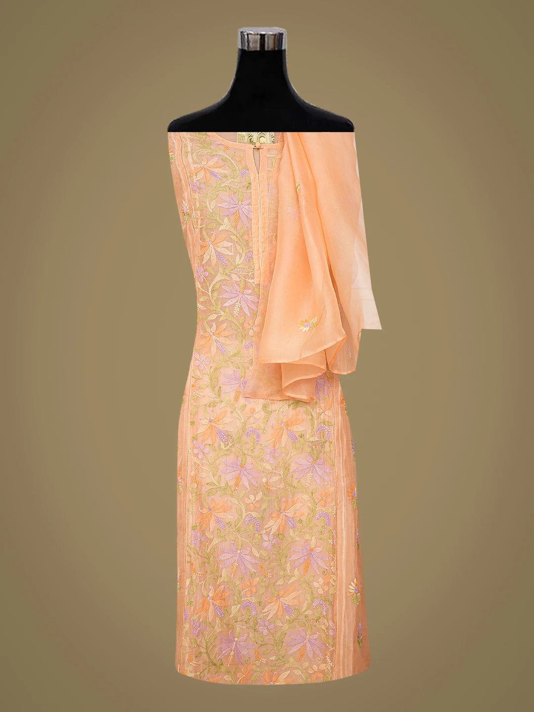 Ada Hand Embroidered Creamy Peach Organza Lucknowi Chikankari Semi-Stitched Kurta Dupatta Set 01A759818