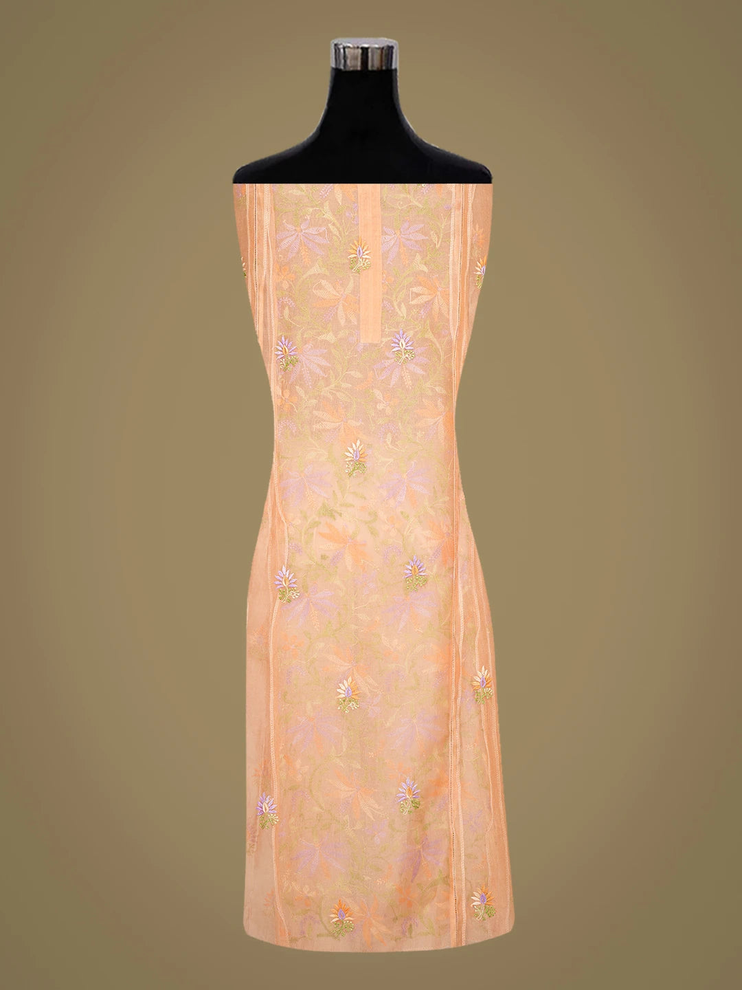 Ada Hand Embroidered Creamy Peach Organza Lucknowi Chikankari Semi-Stitched Kurta Dupatta Set 01A759818