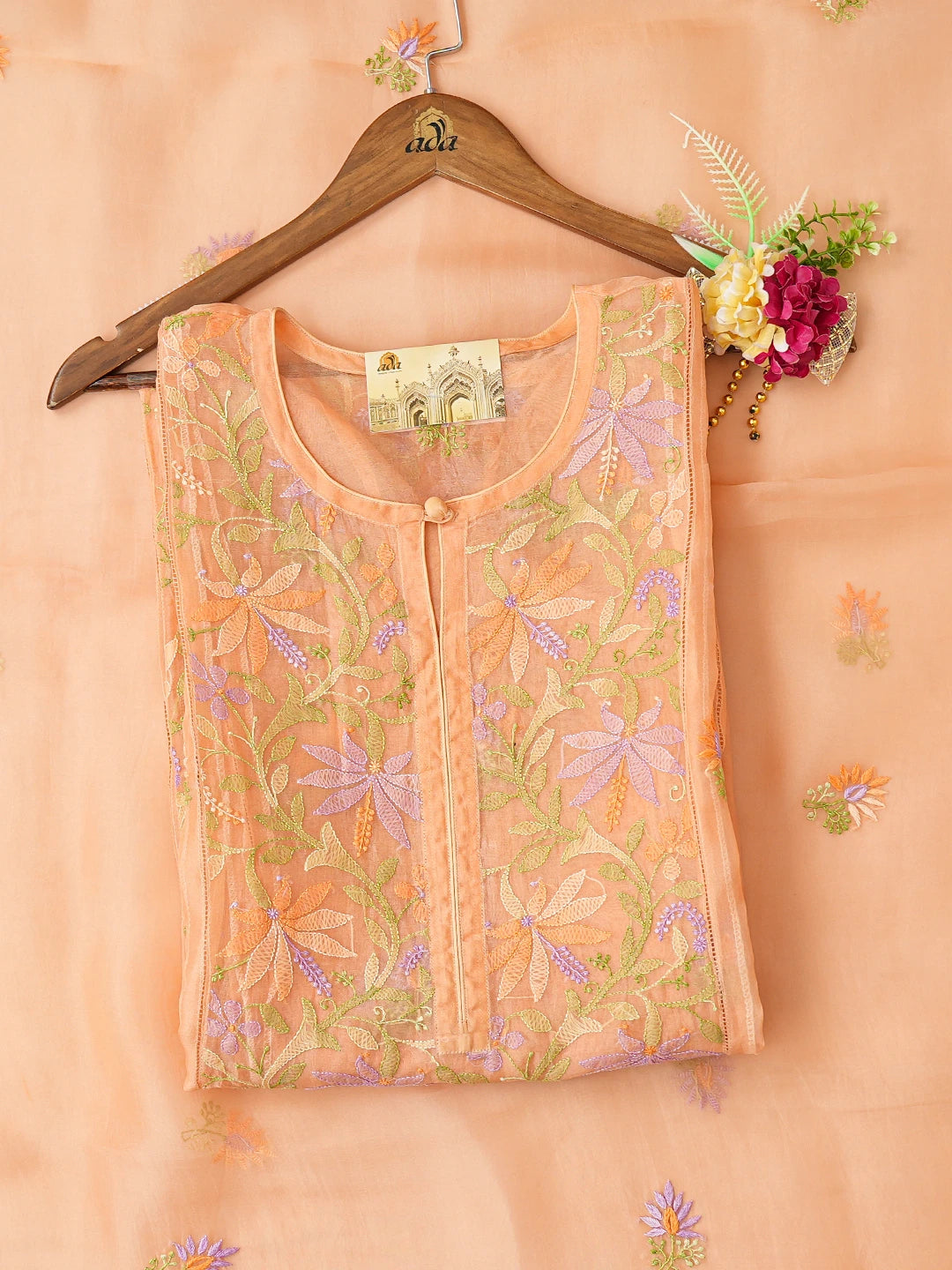Ada Hand Embroidered Creamy Peach Organza Lucknowi Chikankari Semi-Stitched Kurta Dupatta Set 01A759818