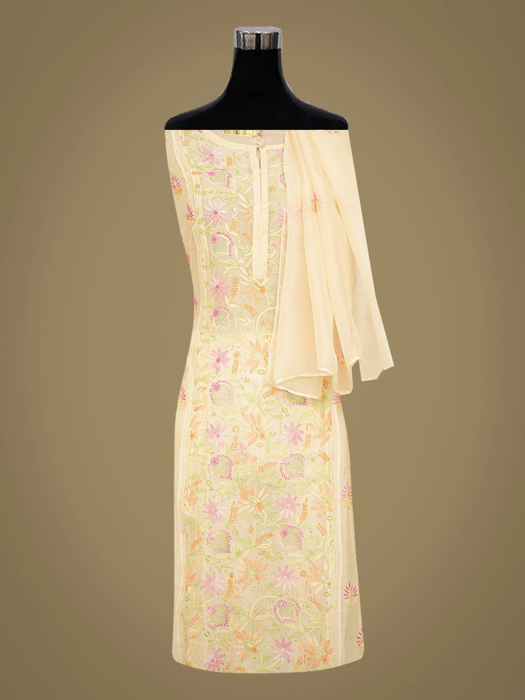 Ada Hand Embroidered Fawn Organza Lucknowi Chikankari Semi-Stitched Kurta Dupatta Set 01A759806