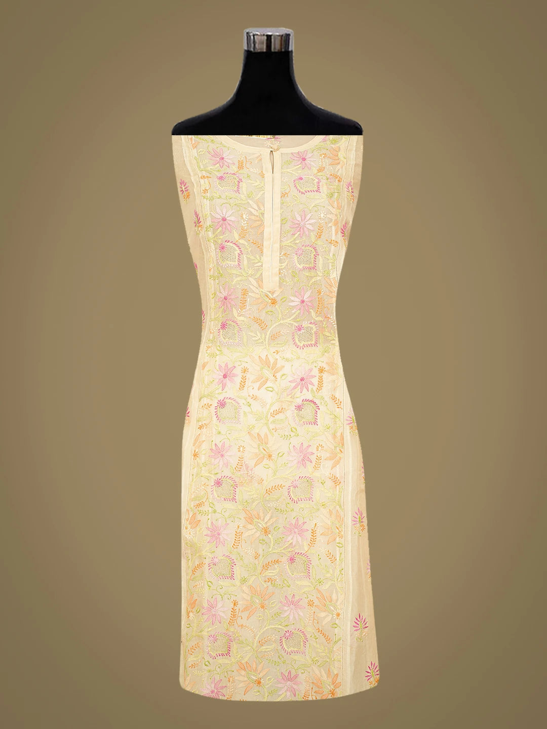 Ada Hand Embroidered Fawn Organza Lucknowi Chikankari Semi-Stitched Kurta Dupatta Set 01A759806
