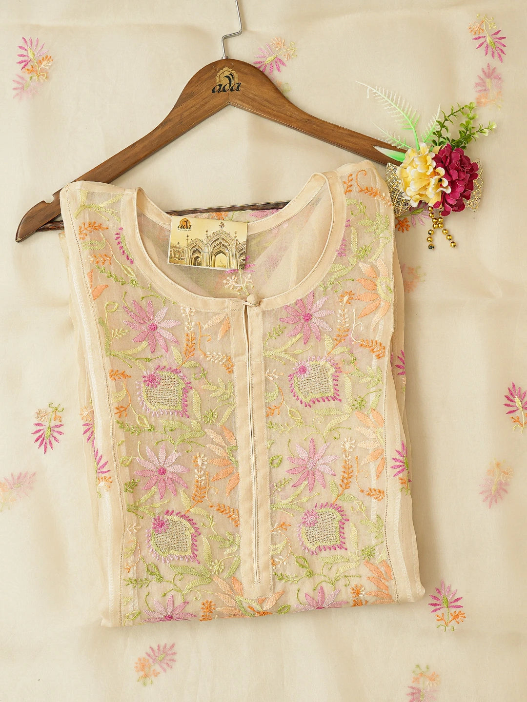 Ada Hand Embroidered Fawn Organza Lucknowi Chikankari Semi-Stitched Kurta Dupatta Set 01A759806