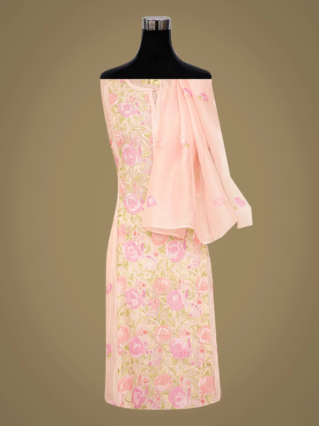Ada Hand Embroidered Pink Organza Lucknowi Chikankari Semi-Stitched Kurta Dupatta Set 01A759810