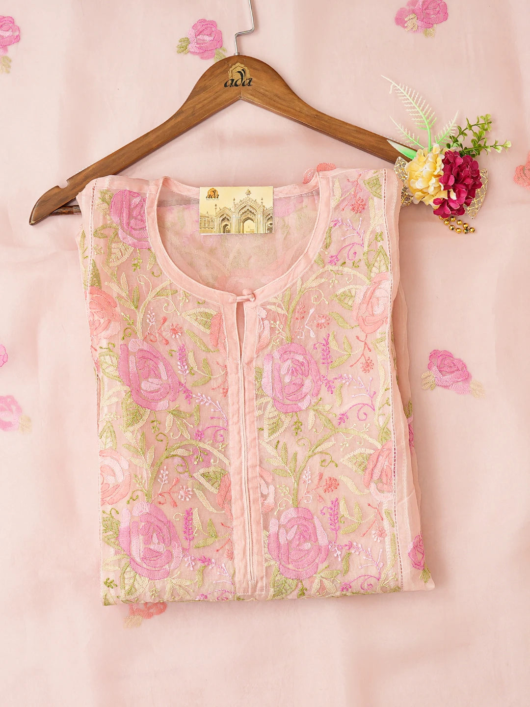 Ada Hand Embroidered Pink Organza Lucknowi Chikankari Semi-Stitched Kurta Dupatta Set 01A759810