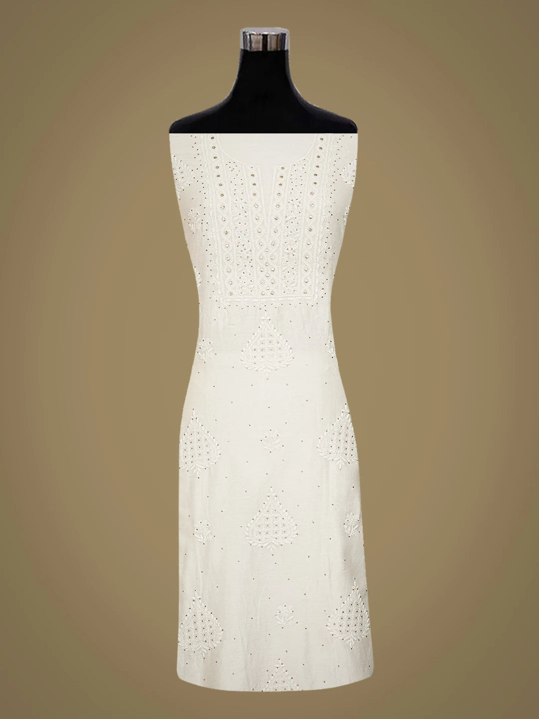 Ada Hand Embroidered White Chanderi Lucknowi Chikankari Unstitched Kurta Dupatta Set with Muqaish Work 01A226942