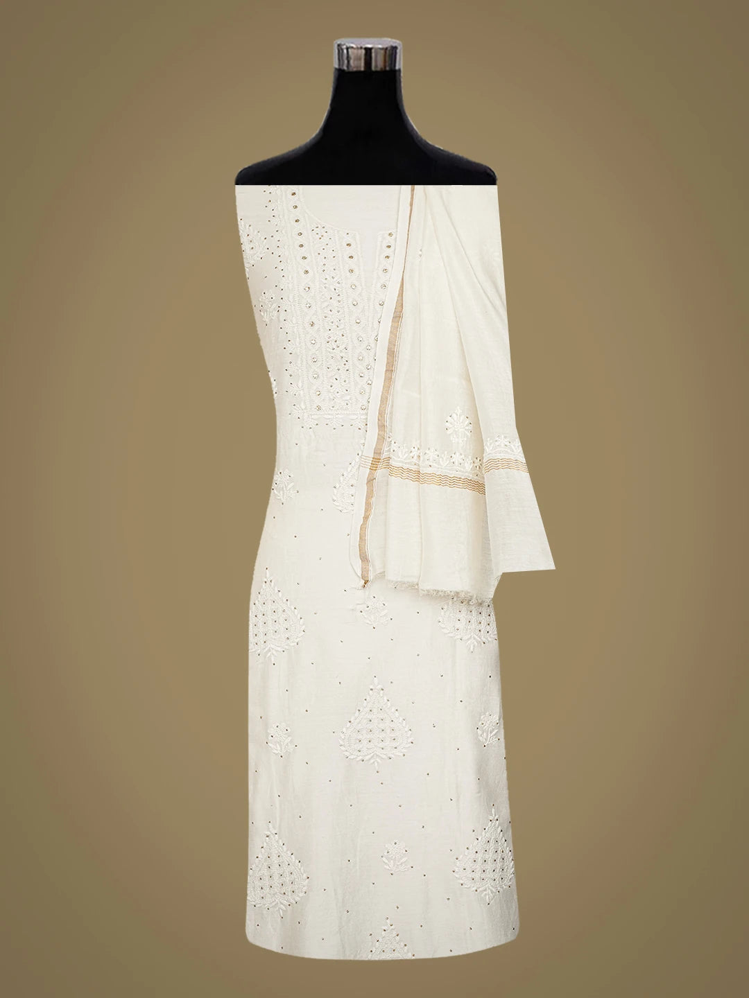 Ada Hand Embroidered White Chanderi Lucknowi Chikankari Unstitched Kurta Dupatta Set with Muqaish Work 01A226942