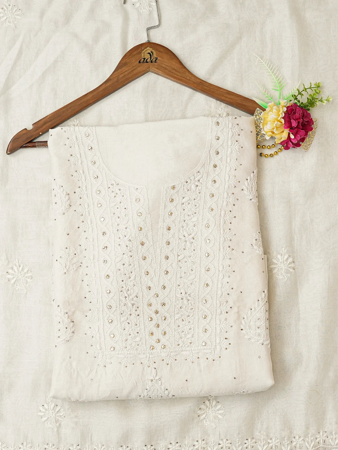 Ada Hand Embroidered White Chanderi Lucknowi Chikankari Unstitched Kurta Dupatta Set with Muqaish Work 01A226942