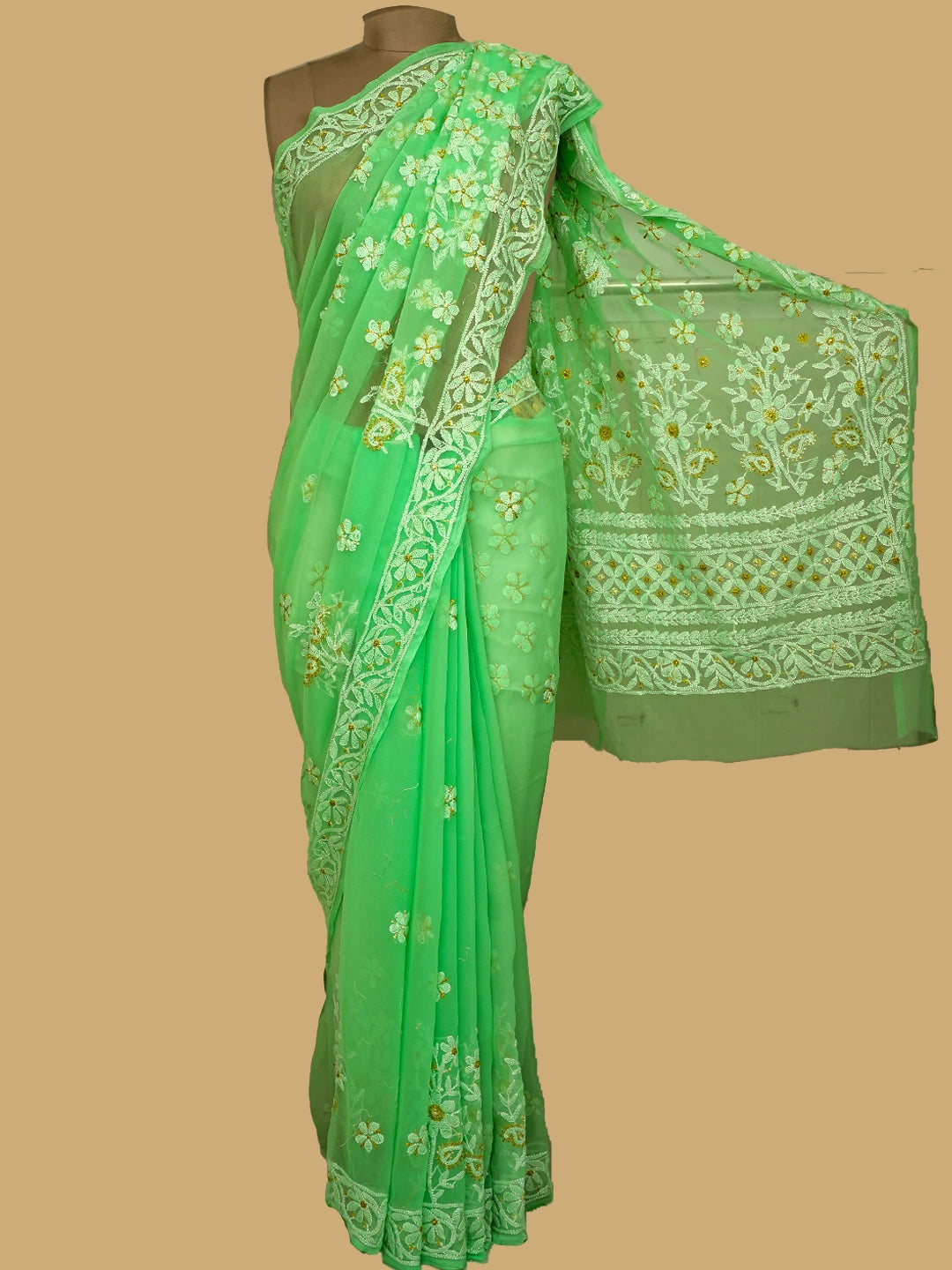 Ada Hand Embroidered Lime Green Georgette Lucknowi Chikankari Saree and Blouse 01A748506