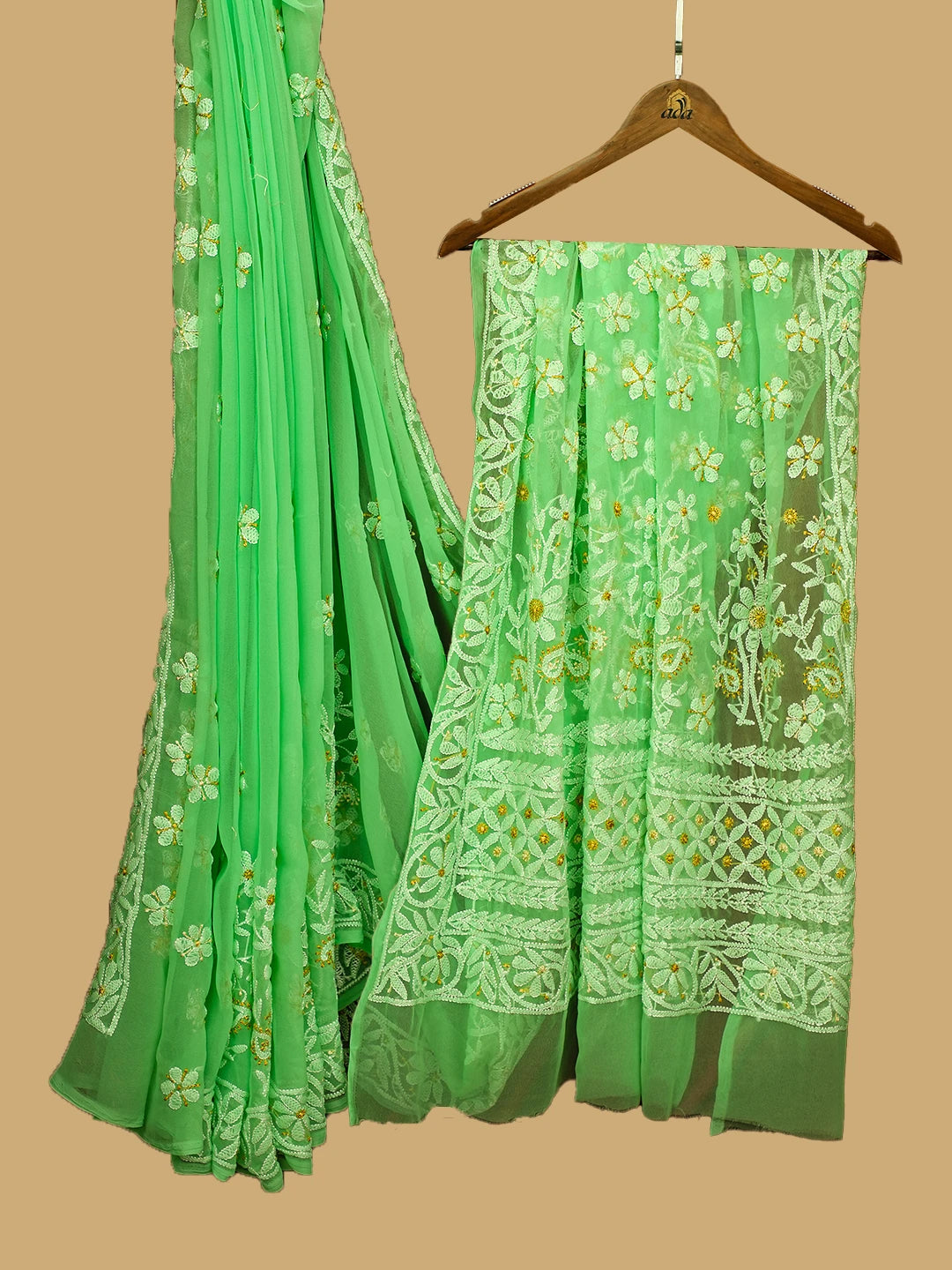 Ada Hand Embroidered Lime Green Georgette Lucknowi Chikankari Saree and Blouse 01A748506