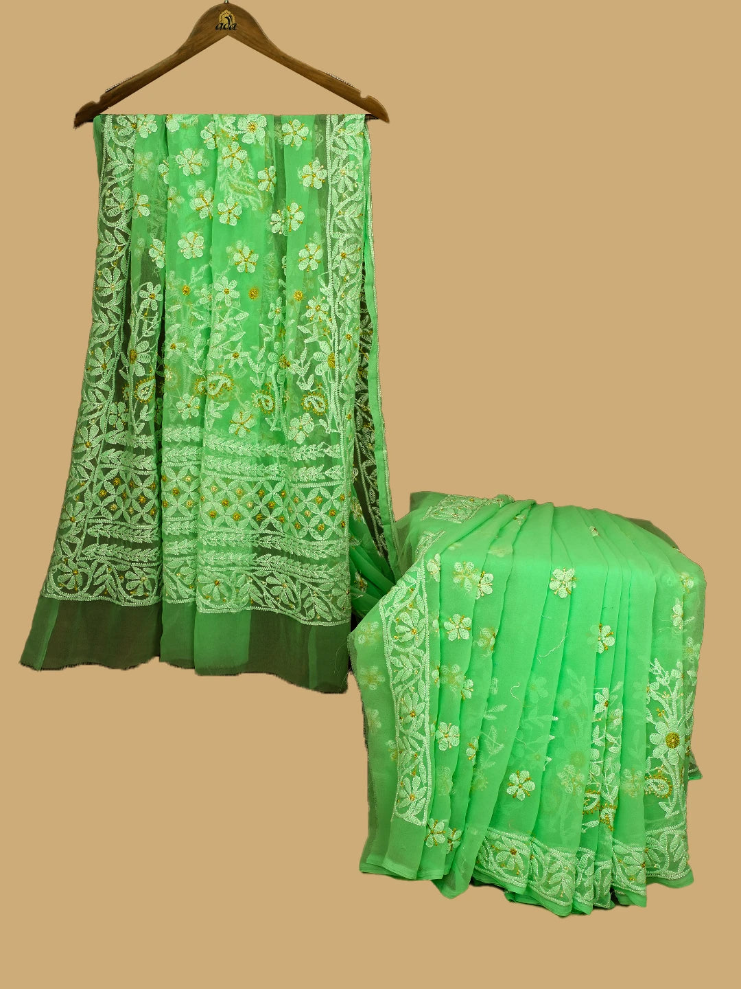 Ada Hand Embroidered Lime Green Georgette Lucknowi Chikankari Saree and Blouse 01A748506