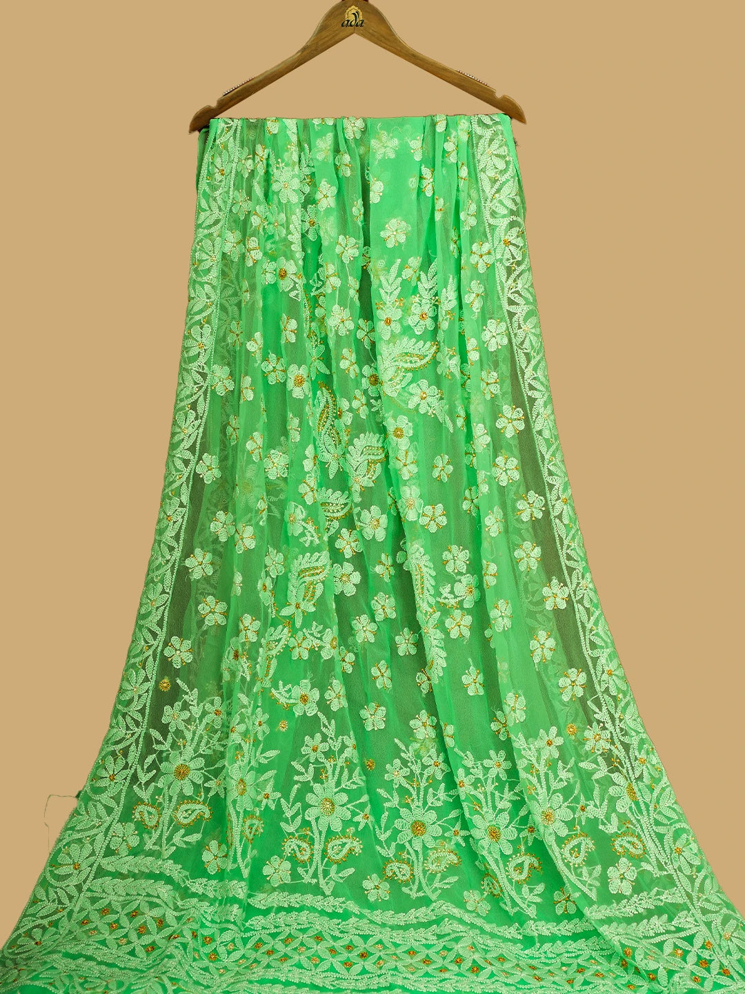 Ada Hand Embroidered Lime Green Georgette Lucknowi Chikankari Saree and Blouse 01A748506