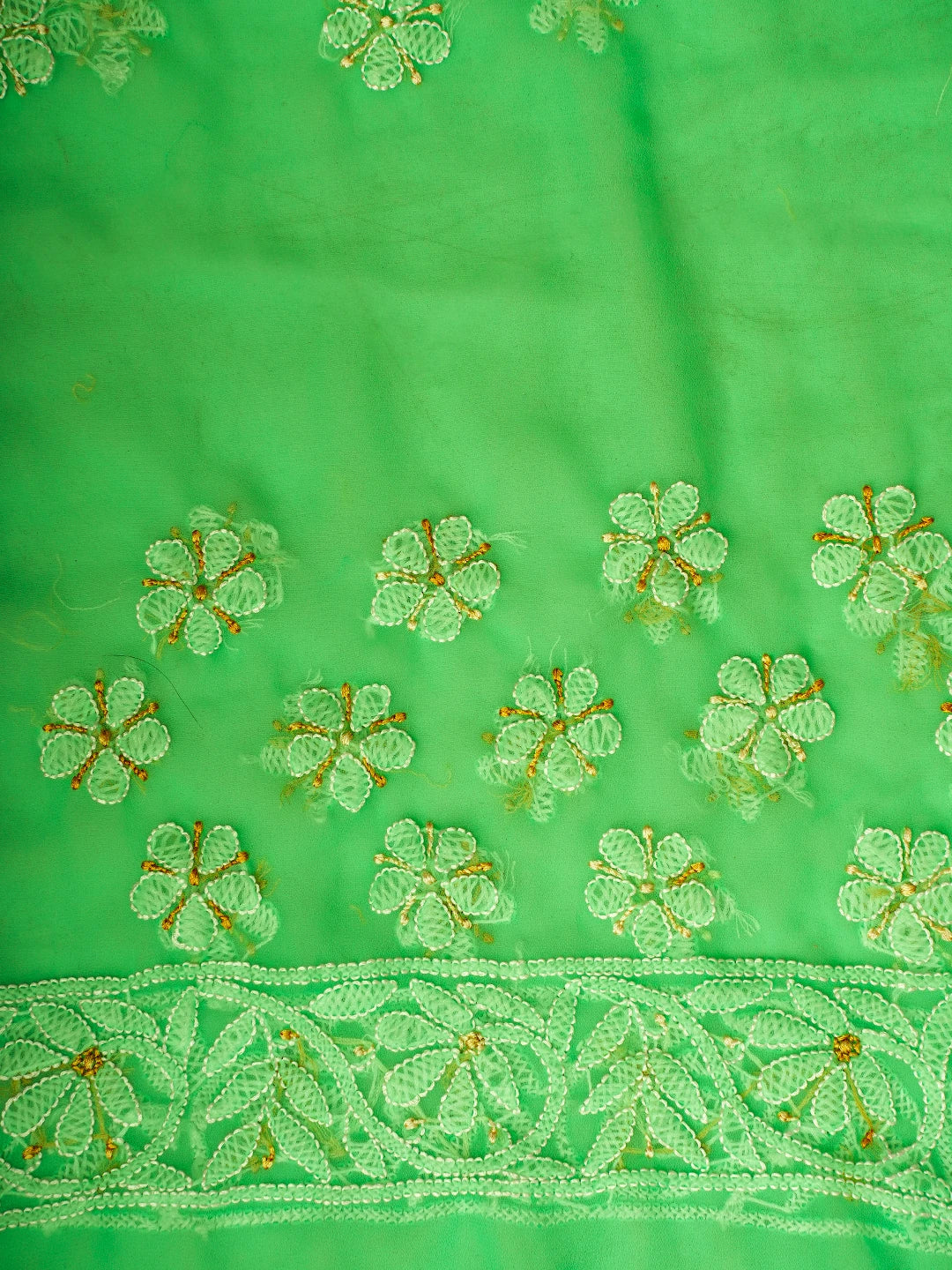Ada Hand Embroidered Lime Green Georgette Lucknowi Chikankari Saree and Blouse 01A748506